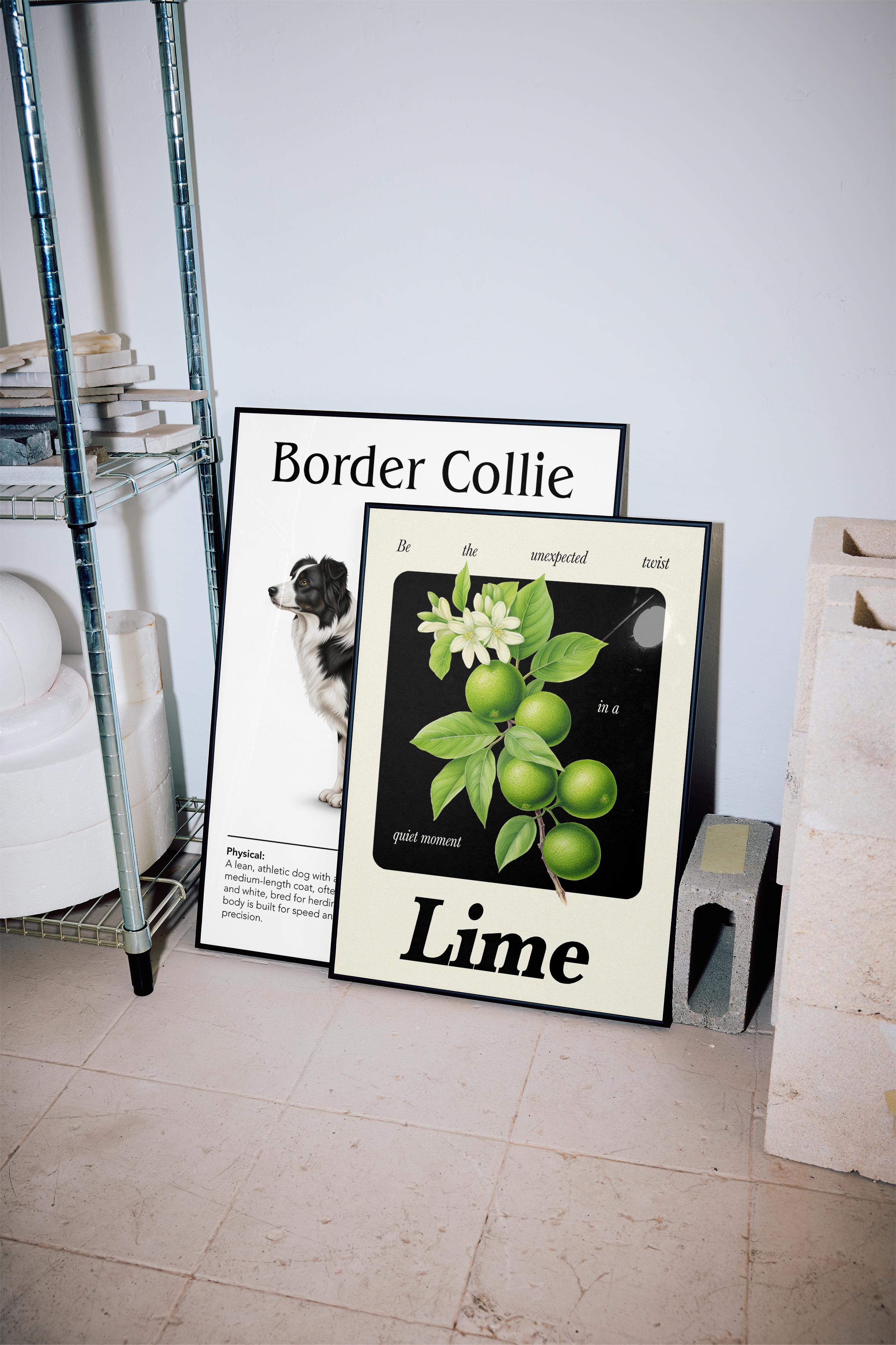 Two large framed prints lean against a light gray wall on a tiled floor, next to a metal shelving unit on the left and some concrete blocks on the right. The left print is a vertical black-framed poster featuring a black and white Border Collie dog, with the breed name 'Border Collie' at the top and descriptive text below. 