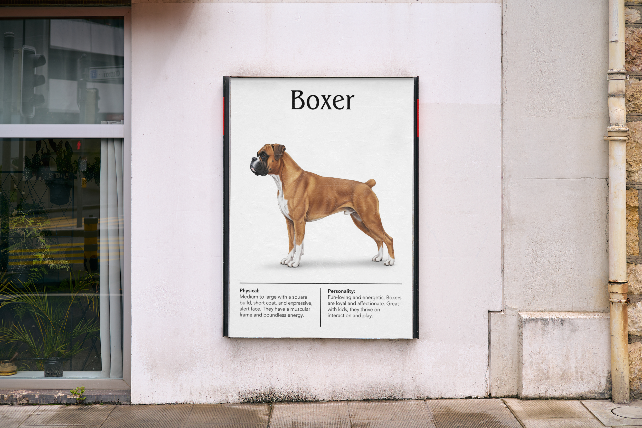 A framed outdoor poster of a fawn and white Boxer dog, mounted on a white exterior wall next to a large window on a city street.