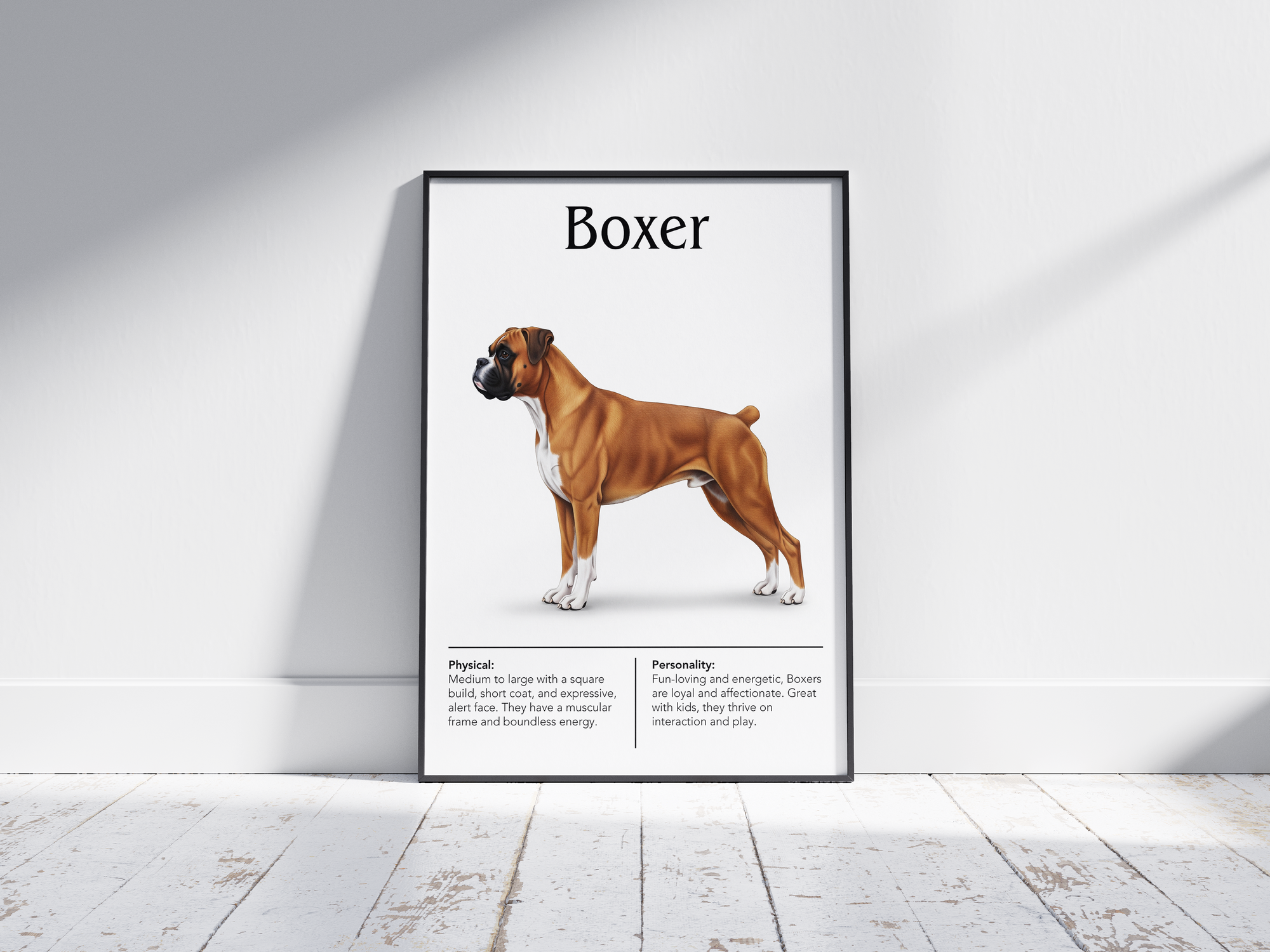 Detailed Boxer dog breed poster showcasing its strong build and playful, loyal personality traits, printed on semi-gloss sustainable paper. Perfect wall art for family rooms, living rooms, or modern interiors with a spirited and affectionate aesthetic.