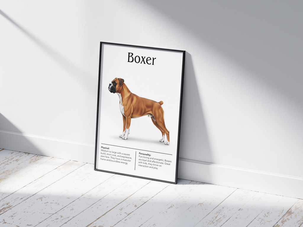 Detailed Boxer dog breed poster showcasing its strong build and playful, loyal personality traits, printed on semi-gloss sustainable paper. Perfect wall art for family rooms, living rooms, or modern interiors with a spirited and affectionate aesthetic.