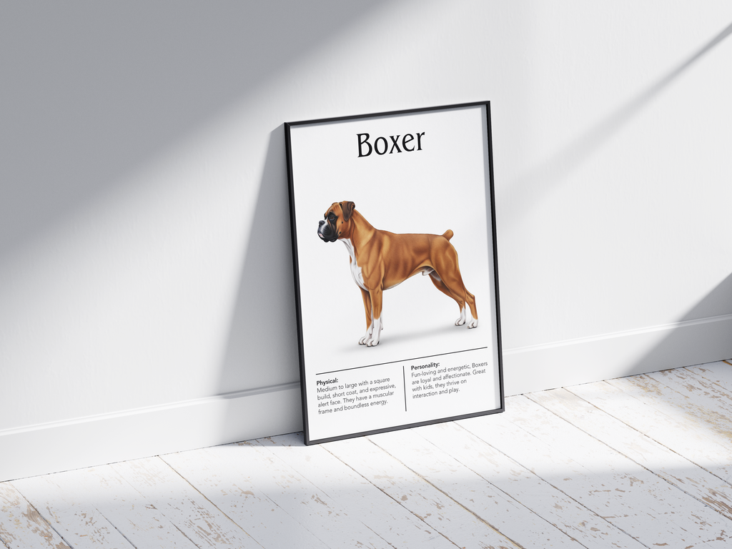 Detailed Boxer dog breed poster showcasing its strong build and playful, loyal personality traits, printed on semi-gloss sustainable paper. Perfect wall art for family rooms, living rooms, or modern interiors with a spirited and affectionate aesthetic.
