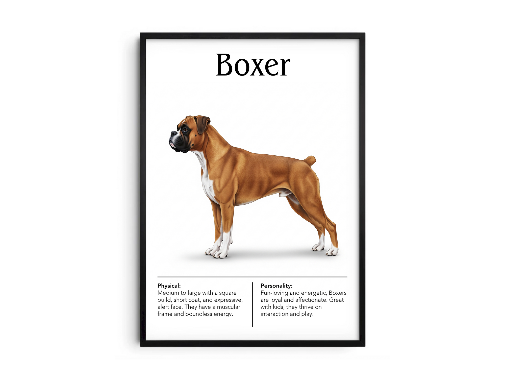 Detailed Boxer dog breed poster showcasing its strong build and playful, loyal personality traits, printed on semi-gloss sustainable paper. Perfect wall art for family rooms, living rooms, or modern interiors with a spirited and affectionate aesthetic.