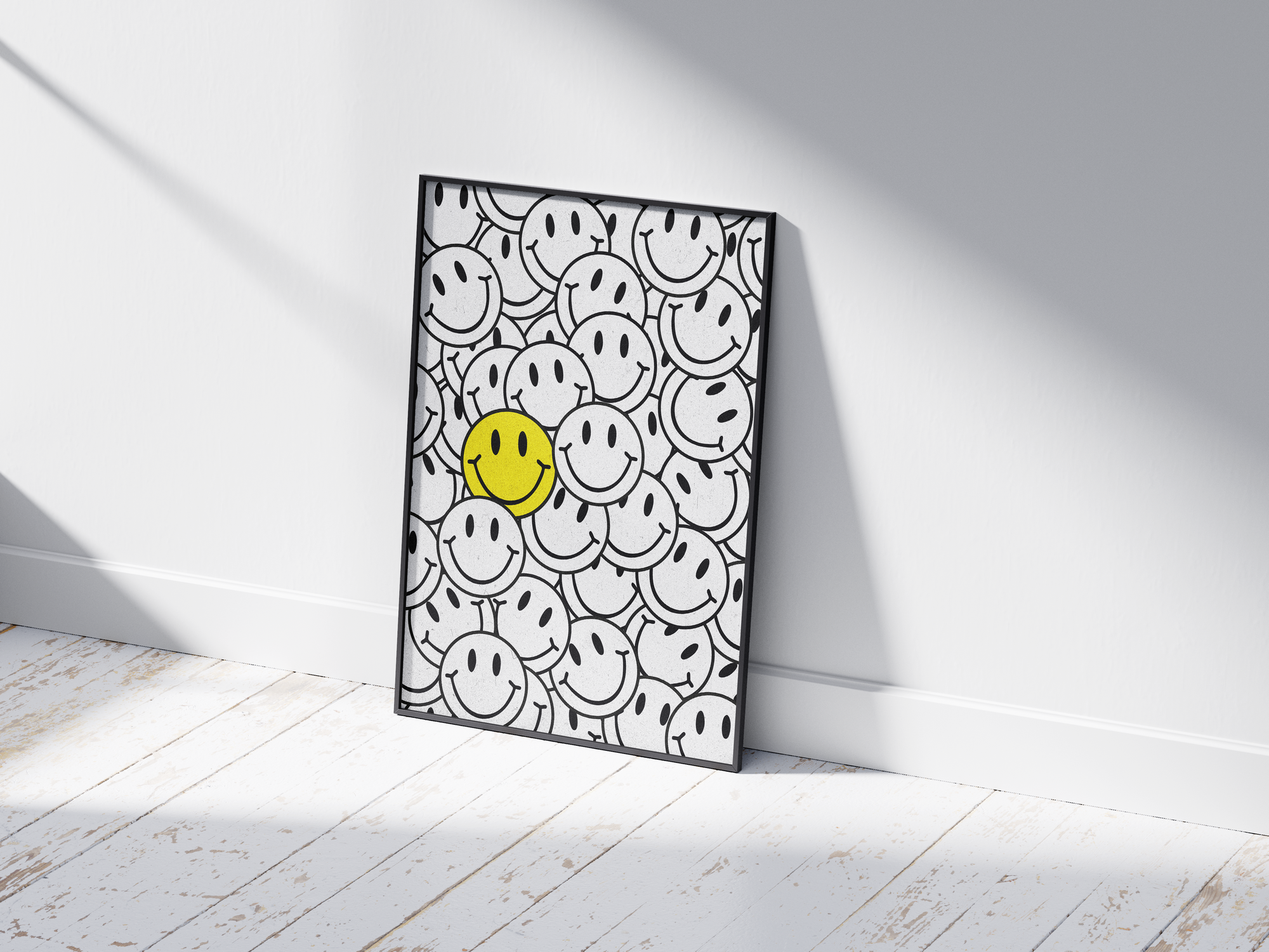 Vibrant "Bright Smiley Clustered Art Poster" featuring an overlapping arrangement of black and white smileys with one bold yellow smiley. Printed on semi-gloss sustainable paper, this modern wall art is perfect for living rooms, bedrooms, or creative spaces, encouraging positivity and individuality with its dynamic, dense composition.