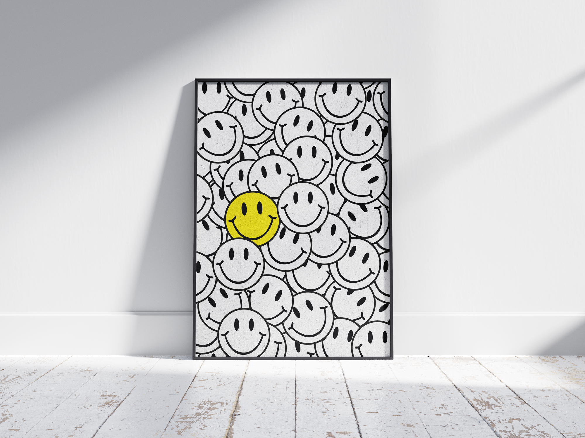 Vibrant "Bright Smiley Clustered Art Poster" featuring an overlapping arrangement of black and white smileys with one bold yellow smiley. Printed on semi-gloss sustainable paper, this modern wall art is perfect for living rooms, bedrooms, or creative spaces, encouraging positivity and individuality with its dynamic, dense composition.
