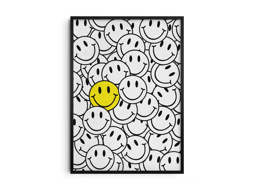 Vibrant "Bright Smiley Clustered Art Poster" featuring an overlapping arrangement of black and white smileys with one bold yellow smiley. Printed on semi-gloss sustainable paper, this modern wall art is perfect for living rooms, bedrooms, or creative spaces, encouraging positivity and individuality with its dynamic, dense composition.
