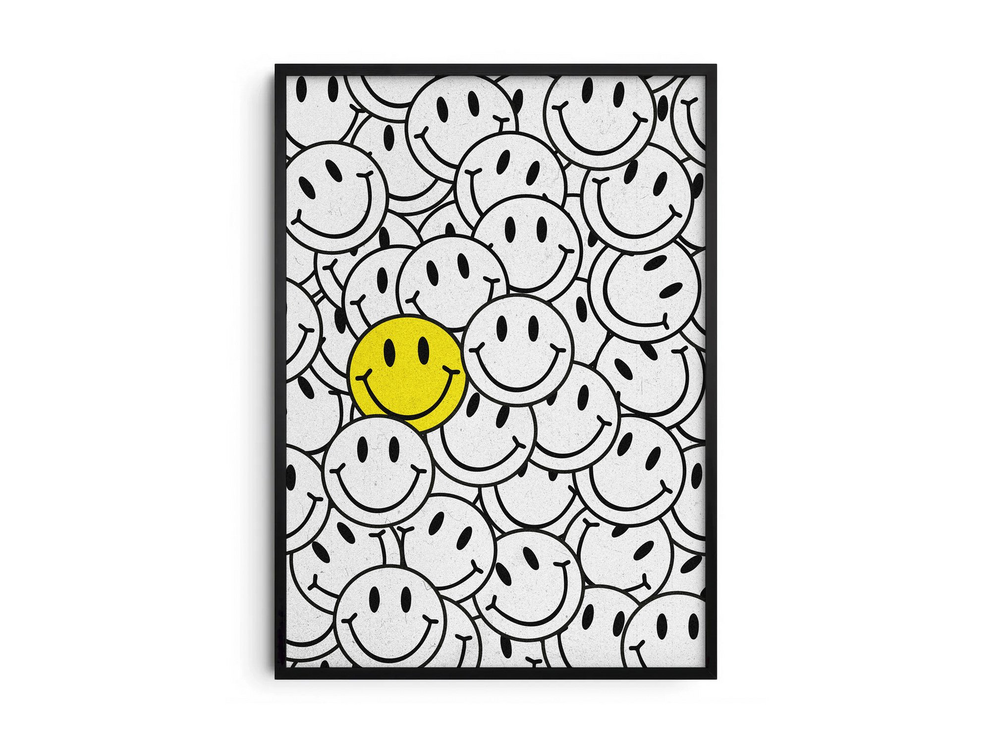 Vibrant "Bright Smiley Clustered Art Poster" featuring an overlapping arrangement of black and white smileys with one bold yellow smiley. Printed on semi-gloss sustainable paper, this modern wall art is perfect for living rooms, bedrooms, or creative spaces, encouraging positivity and individuality with its dynamic, dense composition.