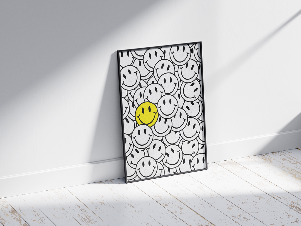Vibrant "Bright Smiley Clustered Art Poster" featuring an overlapping arrangement of black and white smileys with one bold yellow smiley. Printed on semi-gloss sustainable paper, this modern wall art is perfect for living rooms, bedrooms, or creative spaces, encouraging positivity and individuality with its dynamic, dense composition.