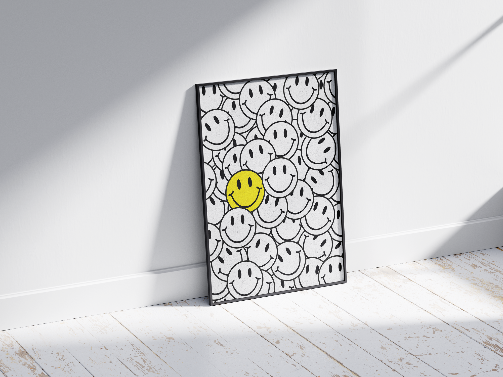 Vibrant "Bright Smiley Clustered Art Poster" featuring an overlapping arrangement of black and white smileys with one bold yellow smiley. Printed on semi-gloss sustainable paper, this modern wall art is perfect for living rooms, bedrooms, or creative spaces, encouraging positivity and individuality with its dynamic, dense composition.