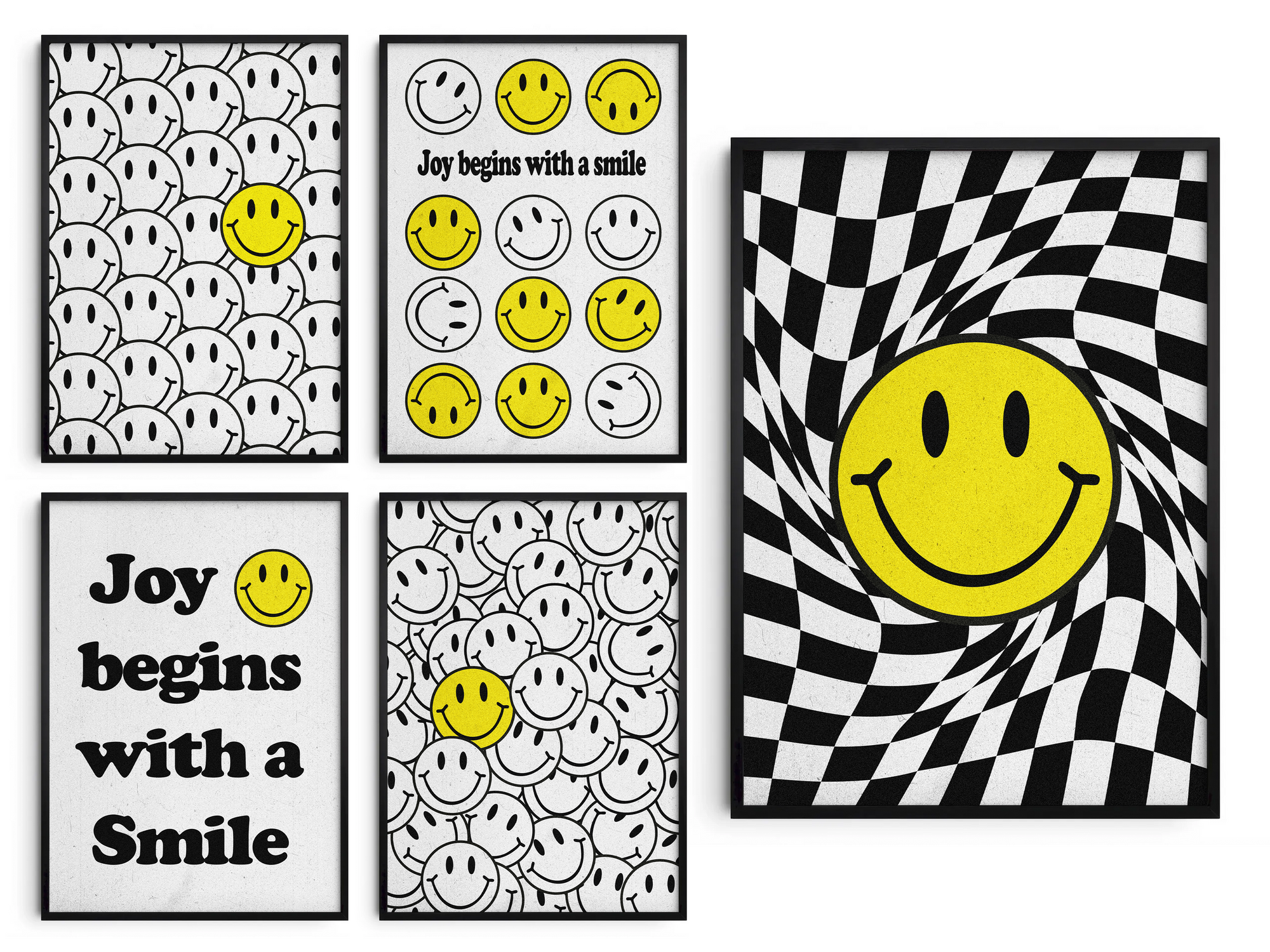 Vibrant "Bright Smiley Grid Quote Art Poster" featuring the text "Joy begins with a smile" and a structured grid of yellow and outlined smiley faces. Printed on semi-gloss sustainable paper, this modern motivational wall art is perfect for living rooms, bedrooms, or offices, encouraging positivity and happiness.