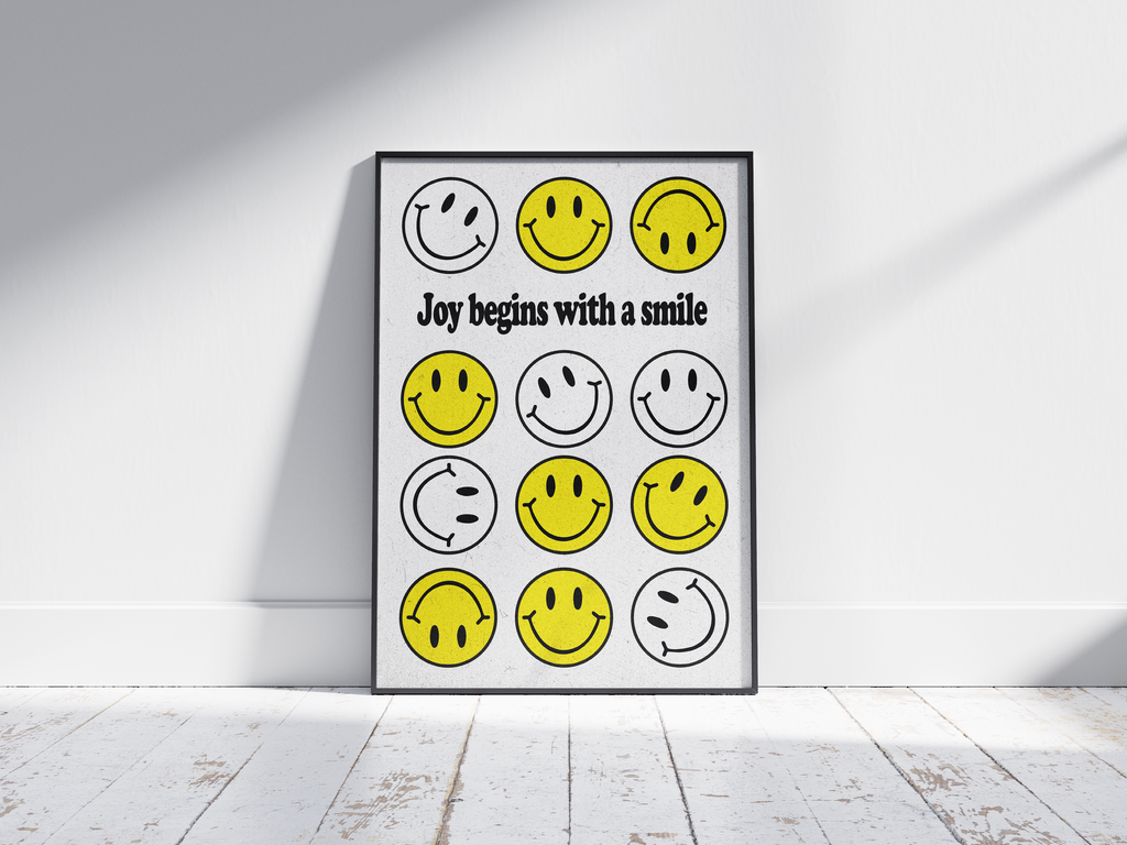 Vibrant "Bright Smiley Grid Quote Art Poster" featuring the text "Joy begins with a smile" and a structured grid of yellow and outlined smiley faces. Printed on semi-gloss sustainable paper, this modern motivational wall art is perfect for living rooms, bedrooms, or offices, encouraging positivity and happiness.