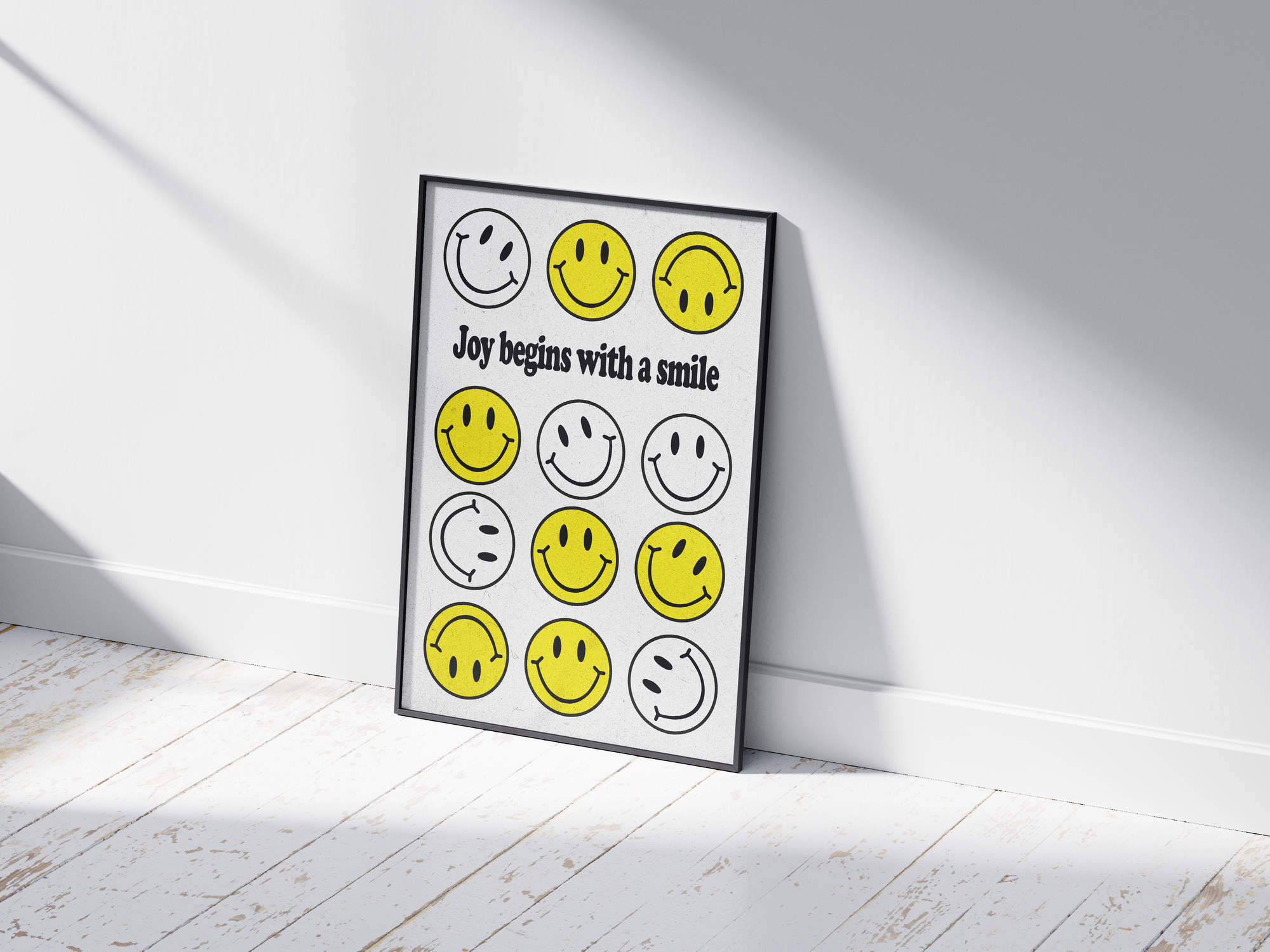 Vibrant "Bright Smiley Grid Quote Art Poster" featuring the text "Joy begins with a smile" and a structured grid of yellow and outlined smiley faces. Printed on semi-gloss sustainable paper, this modern motivational wall art is perfect for living rooms, bedrooms, or offices, encouraging positivity and happiness.