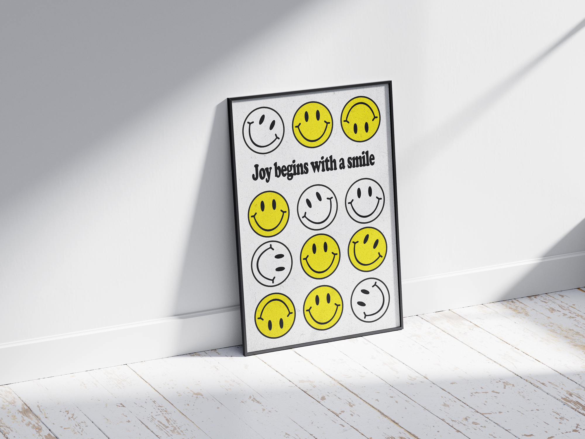 Vibrant "Bright Smiley Grid Quote Art Poster" featuring the text "Joy begins with a smile" and a structured grid of yellow and outlined smiley faces. Printed on semi-gloss sustainable paper, this modern motivational wall art is perfect for living rooms, bedrooms, or offices, encouraging positivity and happiness.