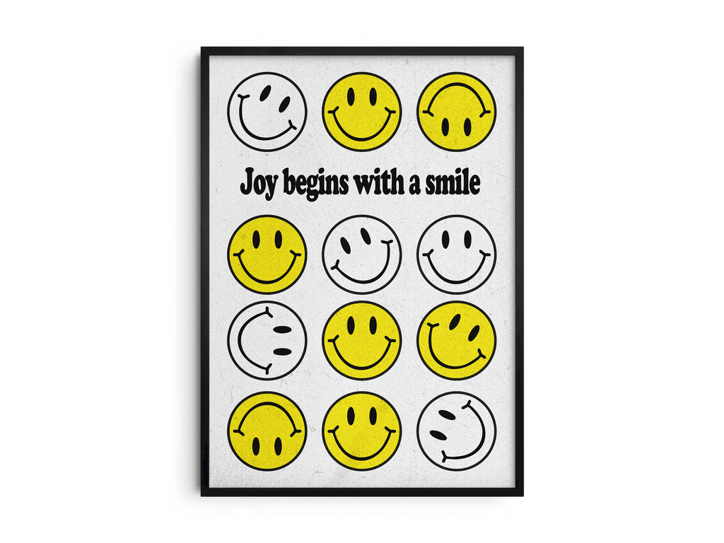 Vibrant "Bright Smiley Grid Quote Art Poster" featuring the text "Joy begins with a smile" and a structured grid of yellow and outlined smiley faces. Printed on semi-gloss sustainable paper, this modern motivational wall art is perfect for living rooms, bedrooms, or offices, encouraging positivity and happiness.