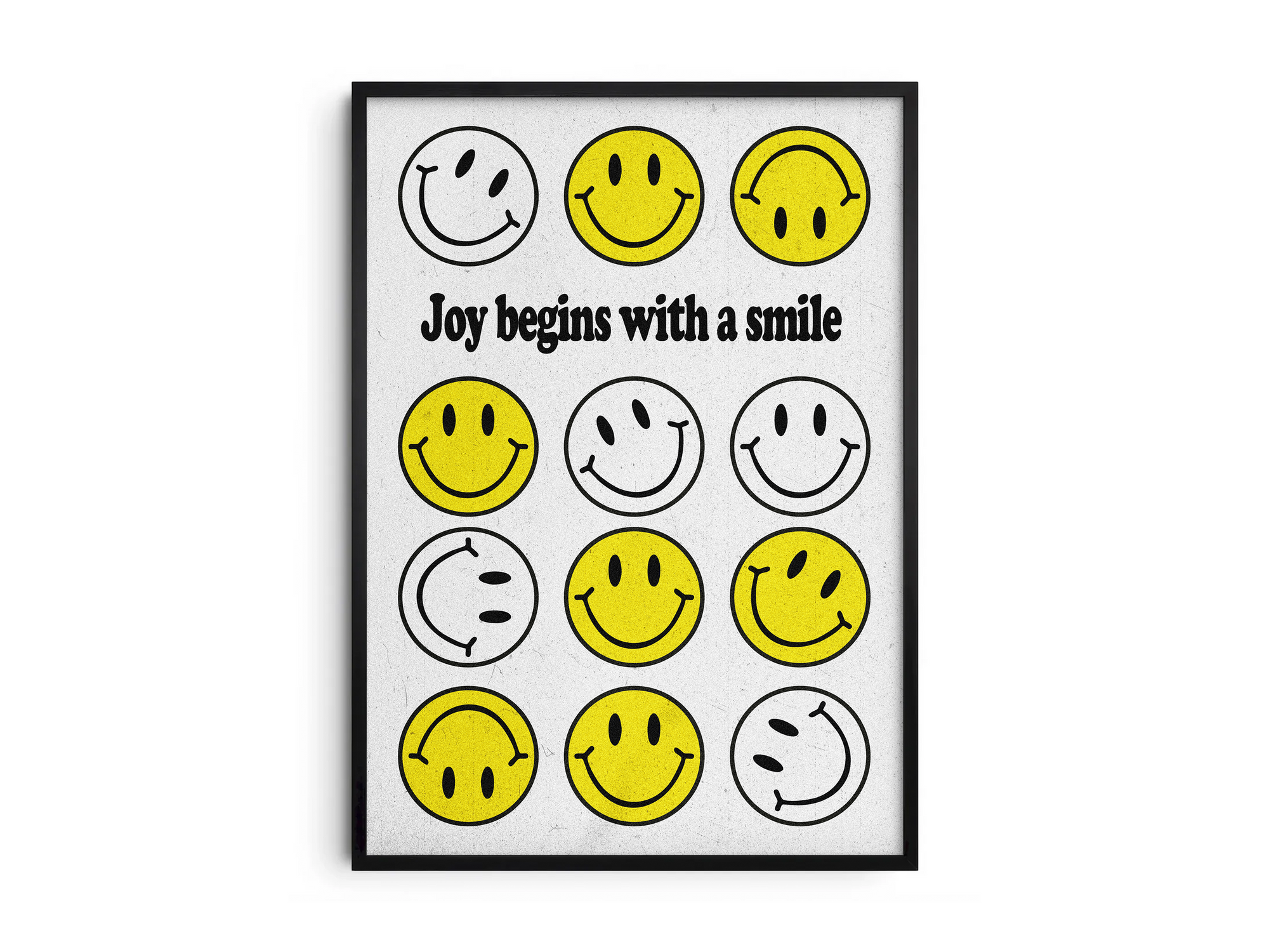 Vibrant "Bright Smiley Grid Quote Art Poster" featuring the text "Joy begins with a smile" and a structured grid of yellow and outlined smiley faces. Printed on semi-gloss sustainable paper, this modern motivational wall art is perfect for living rooms, bedrooms, or offices, encouraging positivity and happiness.