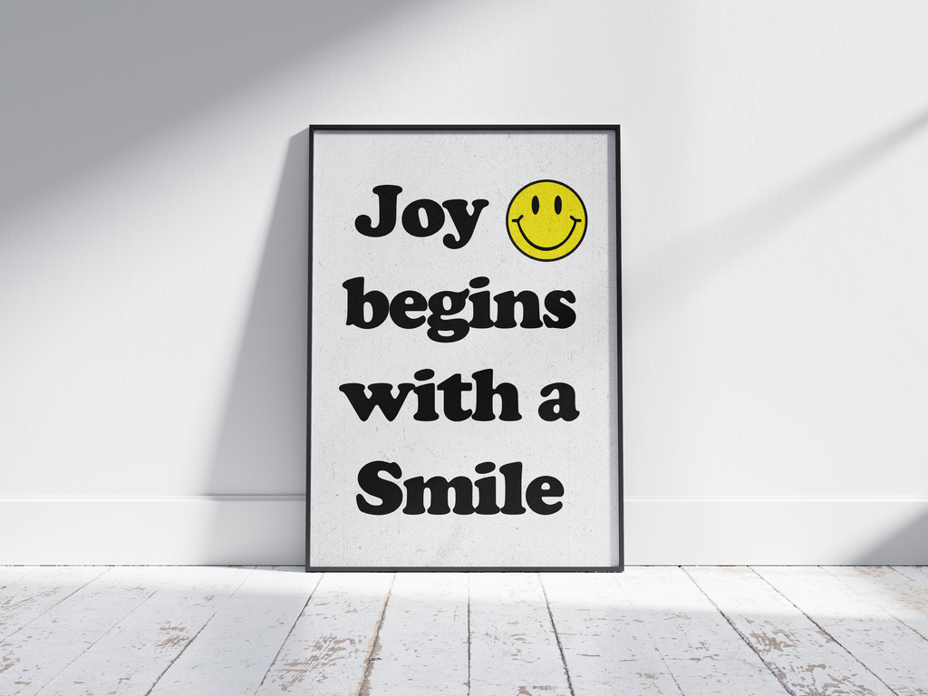 Vibrant "Bright Smiley Quote Art Poster" featuring the text "Joy begins with a Smile" and a yellow smiley icon. Printed on semi-gloss sustainable paper, this modern motivational wall art is perfect for living rooms, bedrooms, or offices, encouraging positivity and happiness.