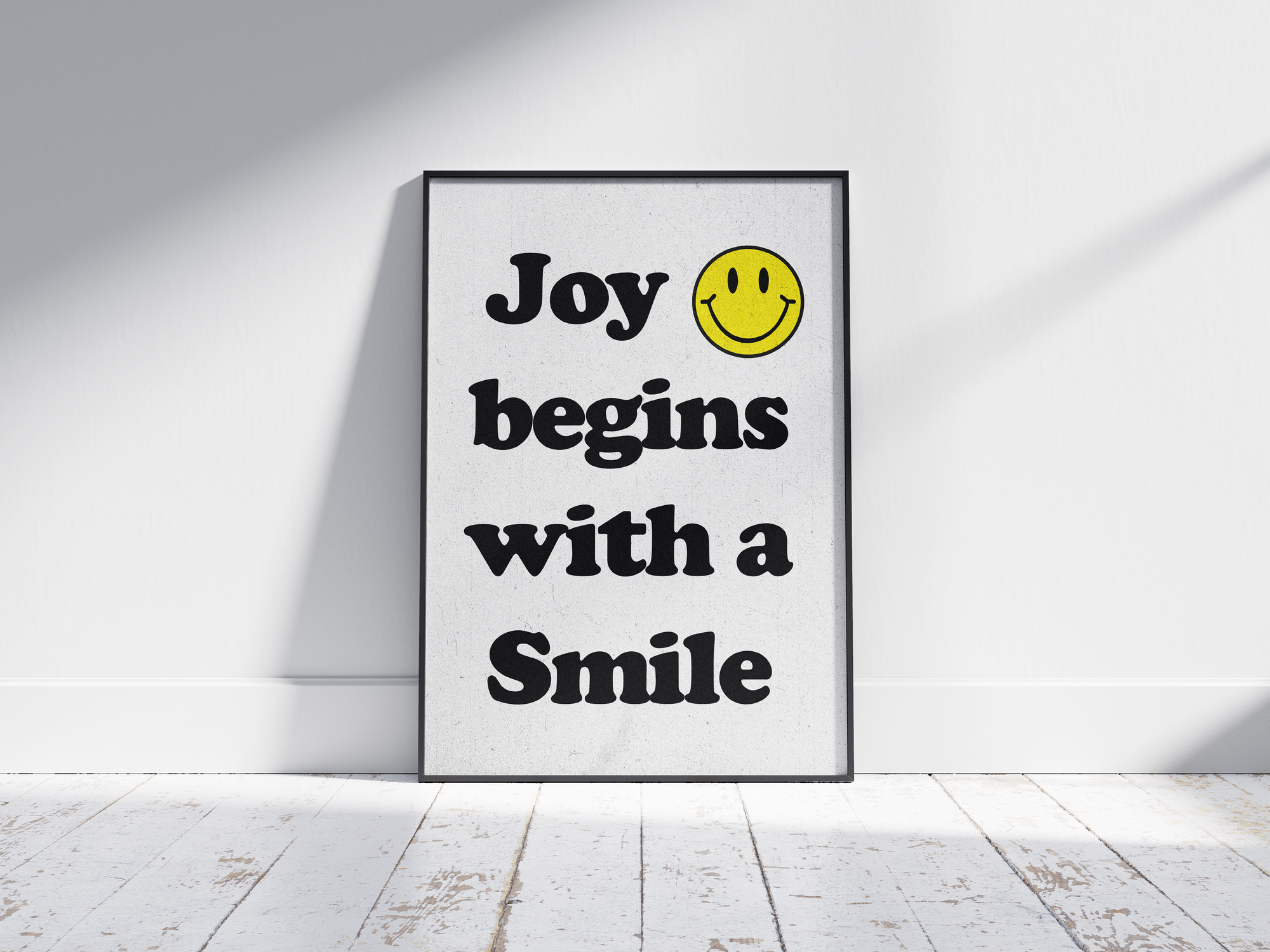 Vibrant "Bright Smiley Quote Art Poster" featuring the text "Joy begins with a Smile" and a yellow smiley icon. Printed on semi-gloss sustainable paper, this modern motivational wall art is perfect for living rooms, bedrooms, or offices, encouraging positivity and happiness.