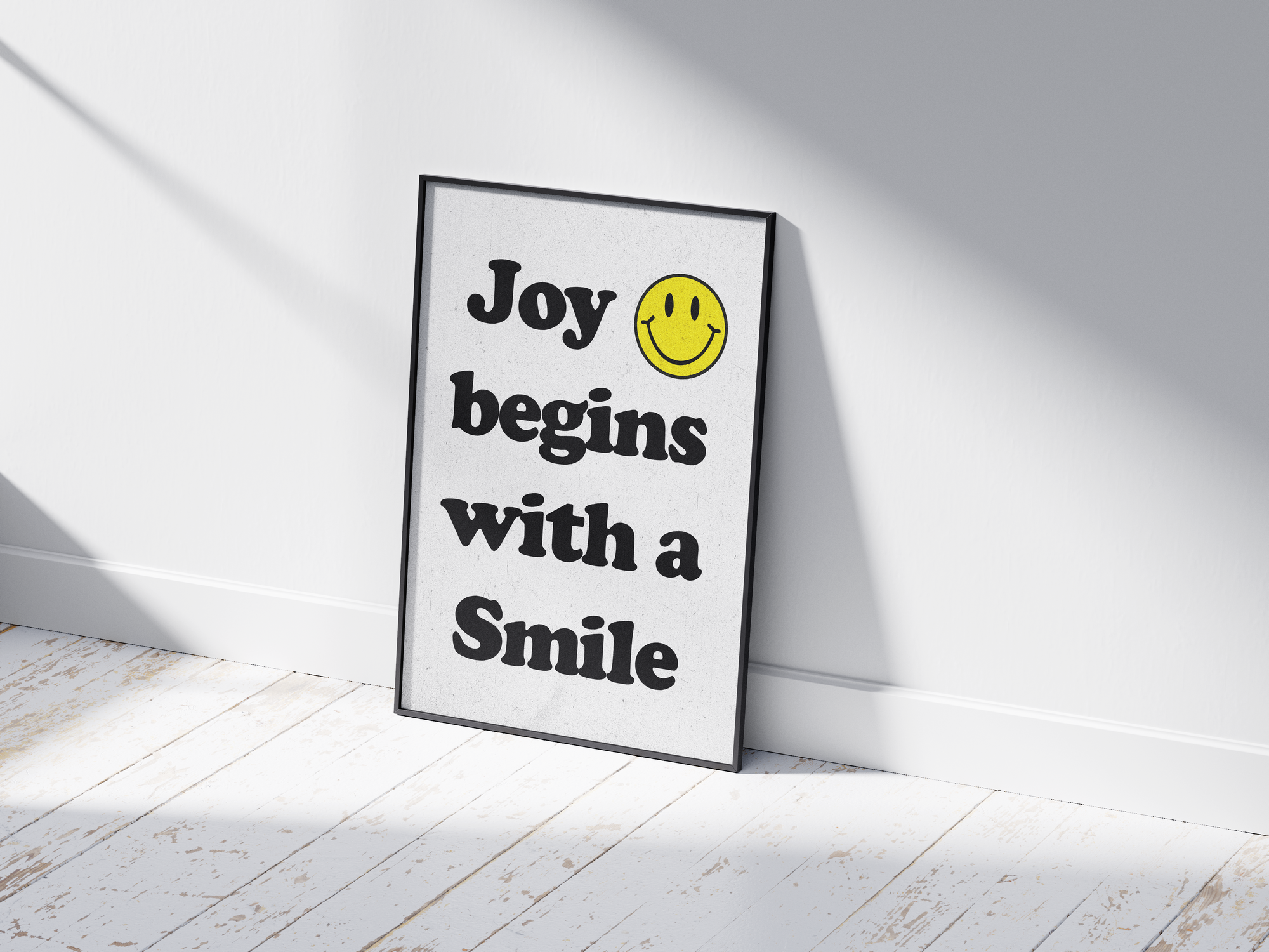 Vibrant "Bright Smiley Quote Art Poster" featuring the text "Joy begins with a Smile" and a yellow smiley icon. Printed on semi-gloss sustainable paper, this modern motivational wall art is perfect for living rooms, bedrooms, or offices, encouraging positivity and happiness.