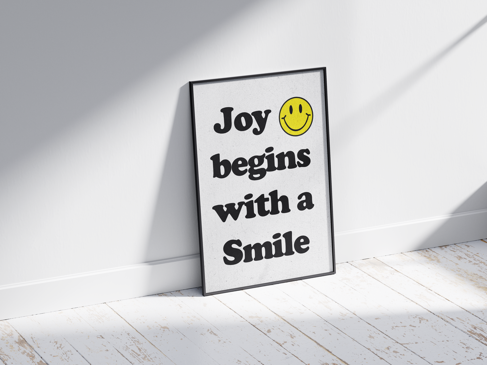 Vibrant "Bright Smiley Quote Art Poster" featuring the text "Joy begins with a Smile" and a yellow smiley icon. Printed on semi-gloss sustainable paper, this modern motivational wall art is perfect for living rooms, bedrooms, or offices, encouraging positivity and happiness.