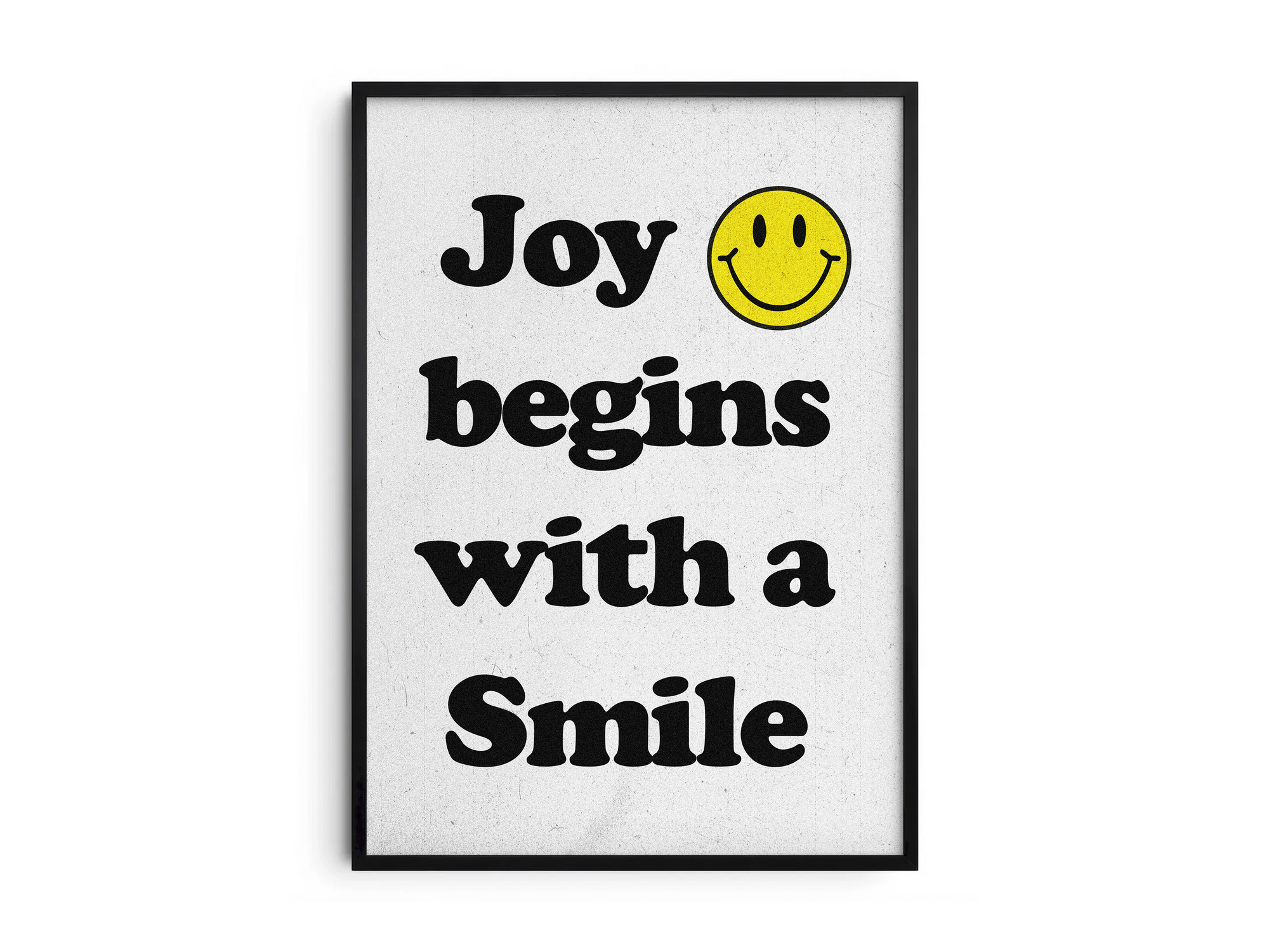 Vibrant "Bright Smiley Quote Art Poster" featuring the text "Joy begins with a Smile" and a yellow smiley icon. Printed on semi-gloss sustainable paper, this modern motivational wall art is perfect for living rooms, bedrooms, or offices, encouraging positivity and happiness.