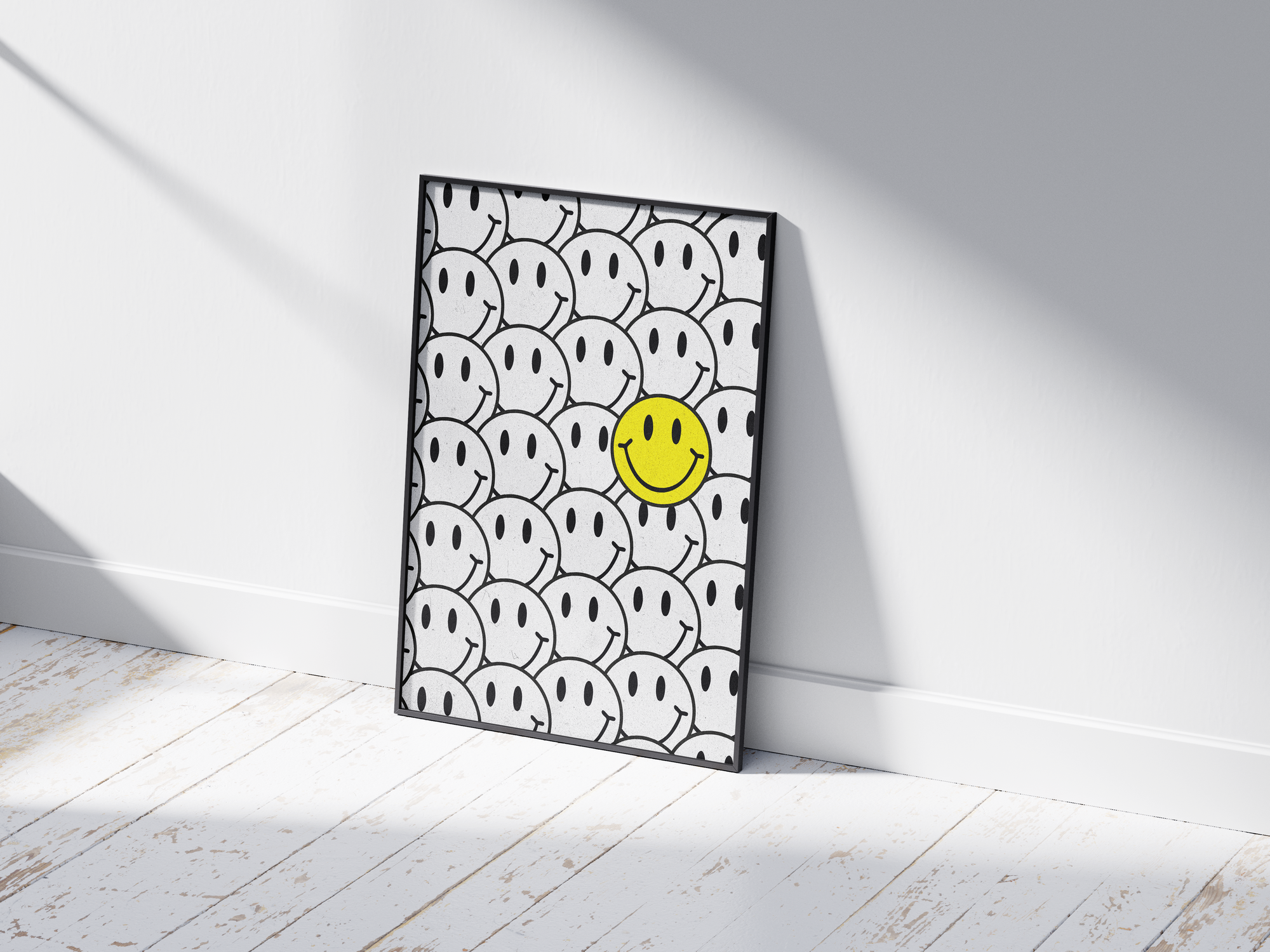 Vibrant "Bright Smiley Structured Art Poster" featuring a grid pattern of black and white smileys with one bold yellow smiley. Printed on semi-gloss sustainable paper, this modern wall art is perfect for living rooms, bedrooms, or creative spaces, encouraging positivity and individuality.