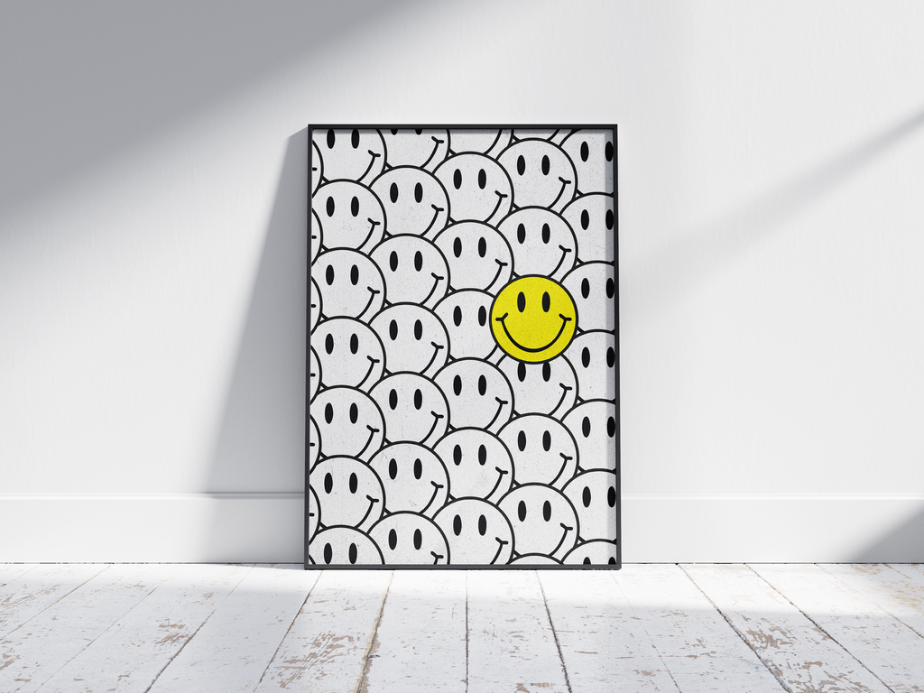 Vibrant "Bright Smiley Structured Art Poster" featuring a grid pattern of black and white smileys with one bold yellow smiley. Printed on semi-gloss sustainable paper, this modern wall art is perfect for living rooms, bedrooms, or creative spaces, encouraging positivity and individuality.