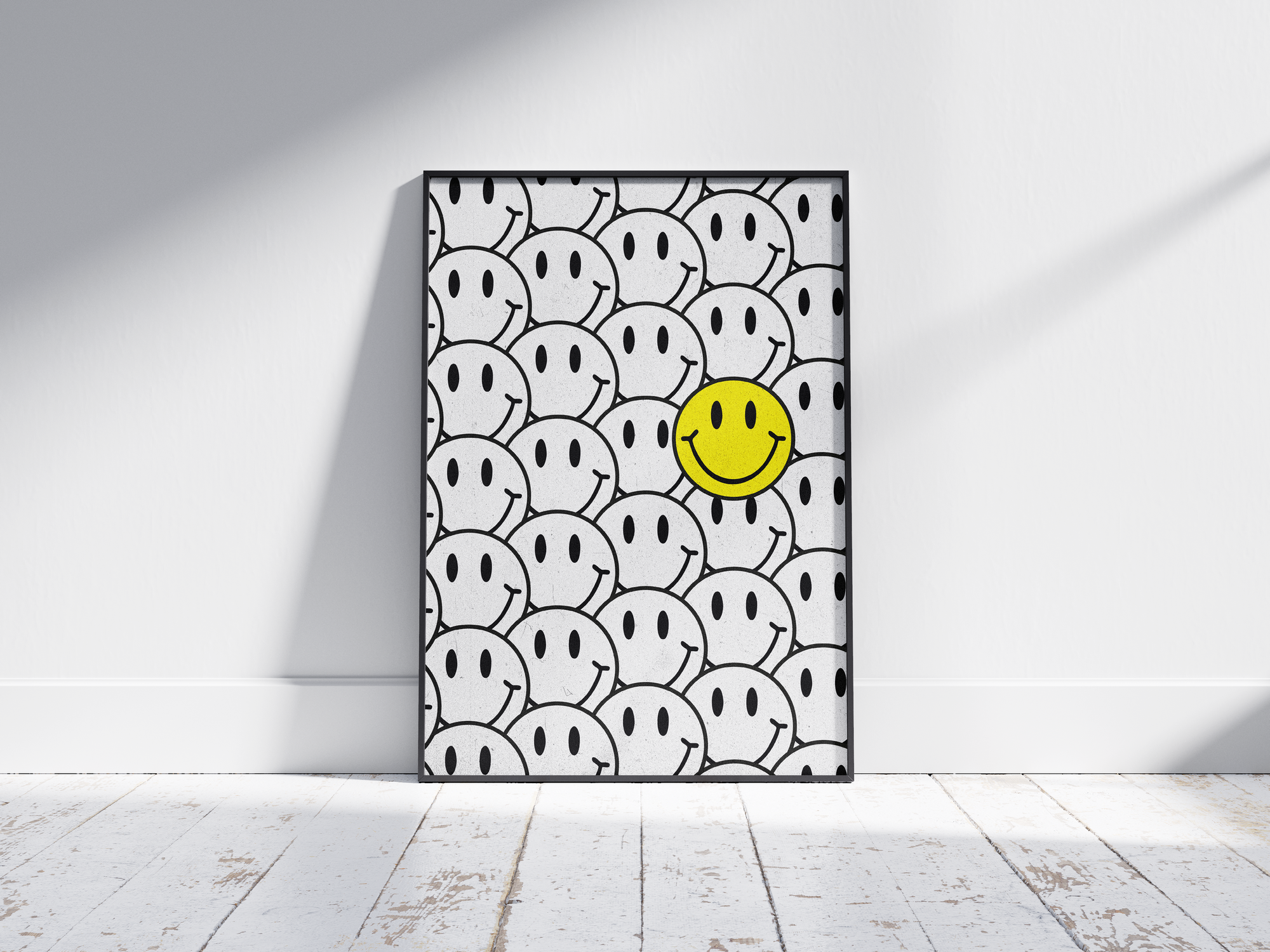Vibrant "Bright Smiley Structured Art Poster" featuring a grid pattern of black and white smileys with one bold yellow smiley. Printed on semi-gloss sustainable paper, this modern wall art is perfect for living rooms, bedrooms, or creative spaces, encouraging positivity and individuality.