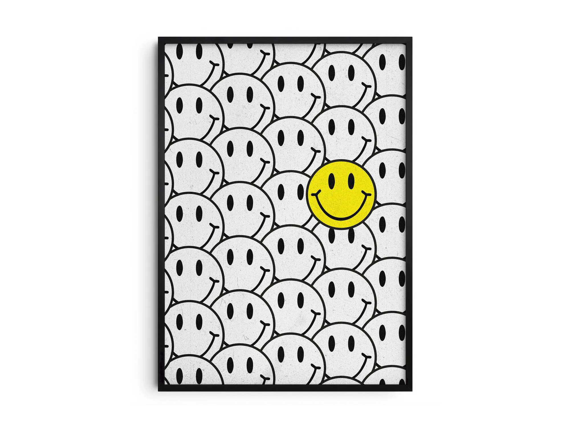 Vibrant "Bright Smiley Structured Art Poster" featuring a grid pattern of black and white smileys with one bold yellow smiley. Printed on semi-gloss sustainable paper, this modern wall art is perfect for living rooms, bedrooms, or creative spaces, encouraging positivity and individuality.