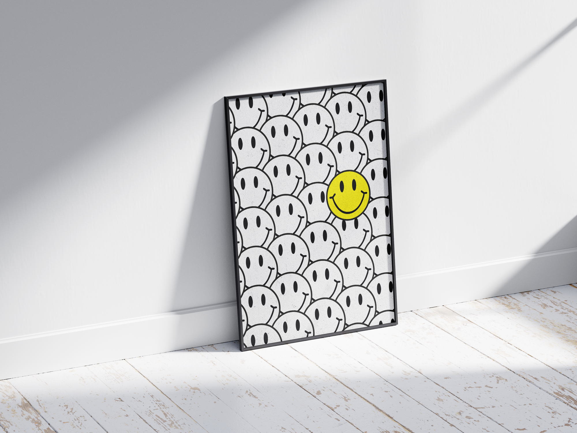 Vibrant "Bright Smiley Structured Art Poster" featuring a grid pattern of black and white smileys with one bold yellow smiley. Printed on semi-gloss sustainable paper, this modern wall art is perfect for living rooms, bedrooms, or creative spaces, encouraging positivity and individuality.