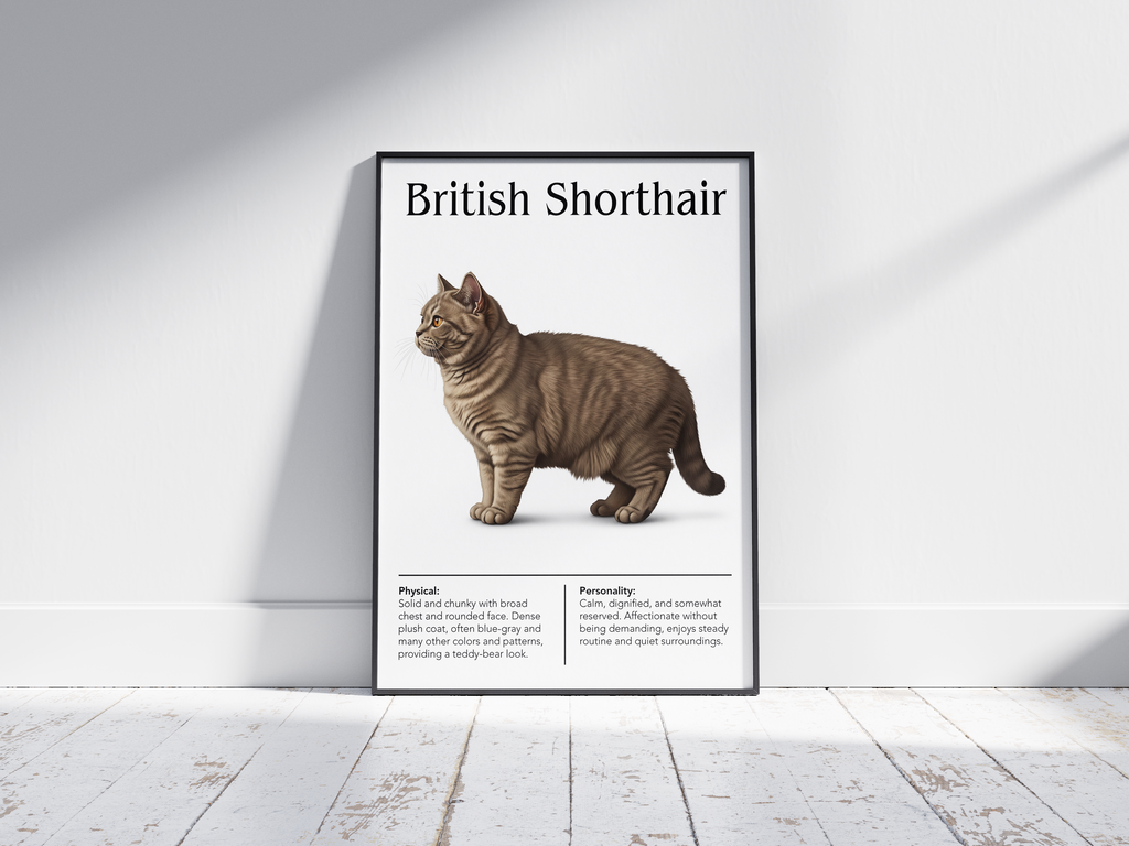 Charming British Shorthair cat breed poster featuring a detailed illustration of the cat with its dense plush coat and round face, printed on semi-gloss sustainable paper. Perfect wall art for living rooms, studies, or cozy interiors with a comforting and classic aesthetic.