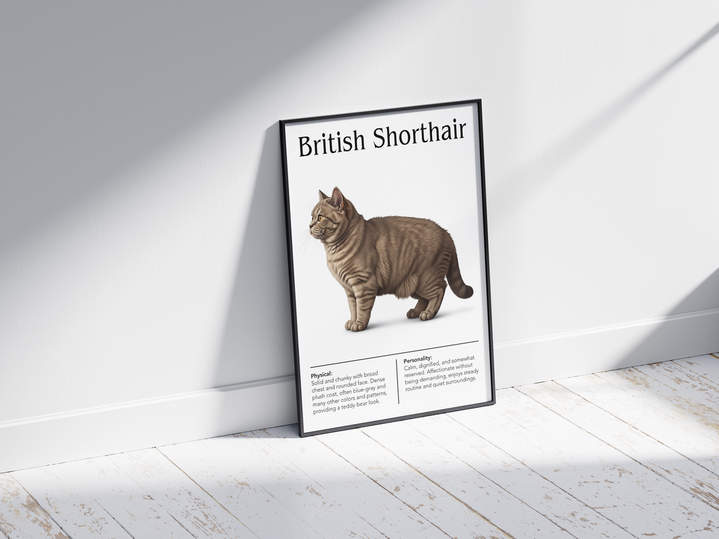 Charming British Shorthair cat breed poster featuring a detailed illustration of the cat with its dense plush coat and round face, printed on semi-gloss sustainable paper. Perfect wall art for living rooms, studies, or cozy interiors with a comforting and classic aesthetic.