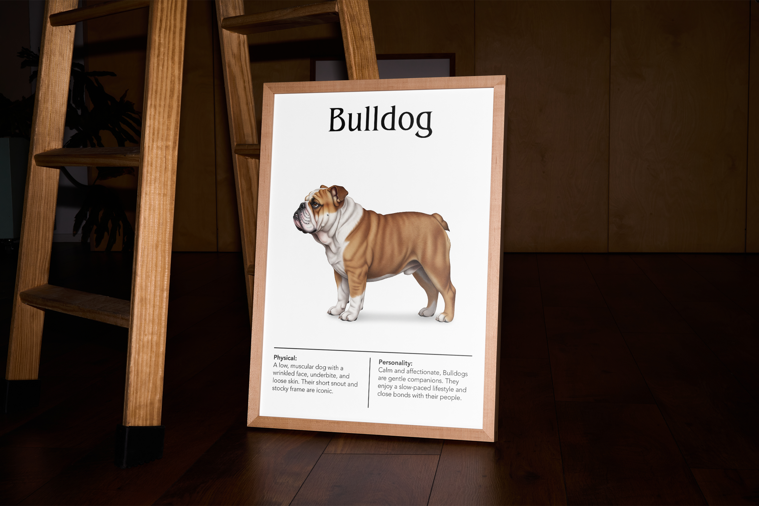 A light wood-framed poster of a fawn and white Bulldog, placed on a dark wooden floor next to the leg of a wooden ladder or stool in a dimly lit room.