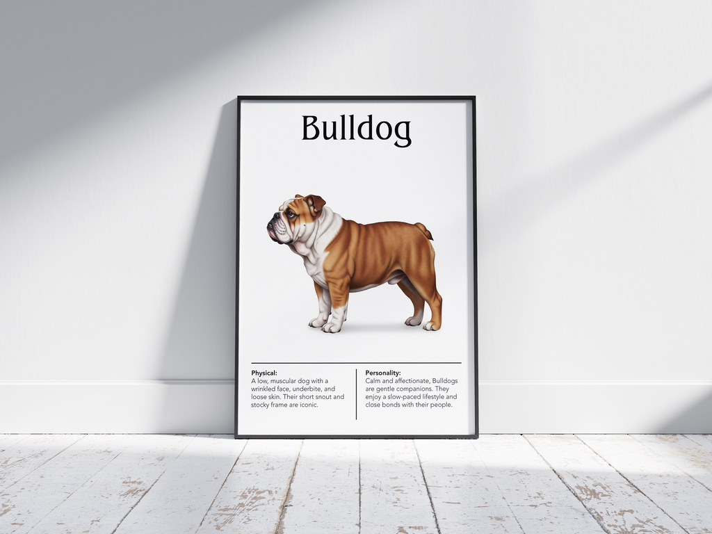 Detailed Bulldog dog breed poster showcasing its distinctive robust build and calm, loyal personality traits, printed on semi-gloss sustainable paper. Perfect wall art for living rooms, studies, or modern interiors with a charming and steadfast aesthetic.