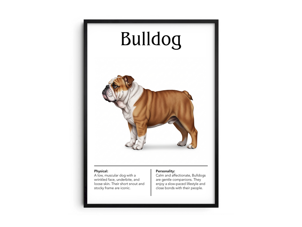 Detailed Bulldog dog breed poster showcasing its distinctive robust build and calm, loyal personality traits, printed on semi-gloss sustainable paper. Perfect wall art for living rooms, studies, or modern interiors with a charming and steadfast aesthetic.
