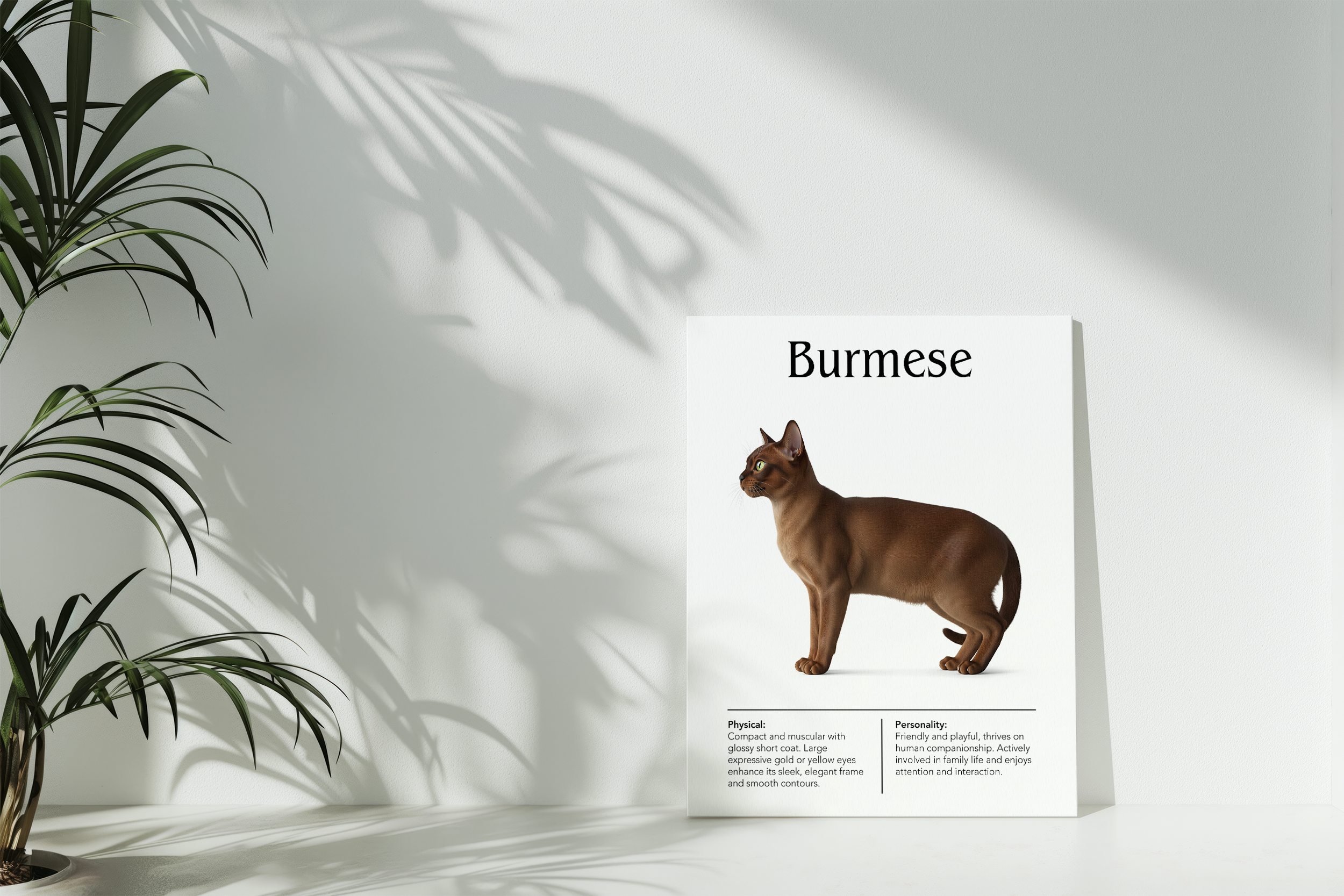A frameless card or poster featuring a brown Burmese cat, resting on a white surface with the shadow of a plant cast onto the white background wall.