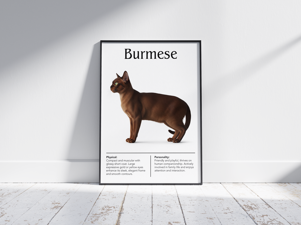 Charming Burmese cat breed poster featuring a detailed illustration of the cat with its sleek coat and expressive golden eyes, printed on semi-gloss sustainable paper. Perfect wall art for living rooms, studies, or modern interiors with a sophisticated and inviting aesthetic.