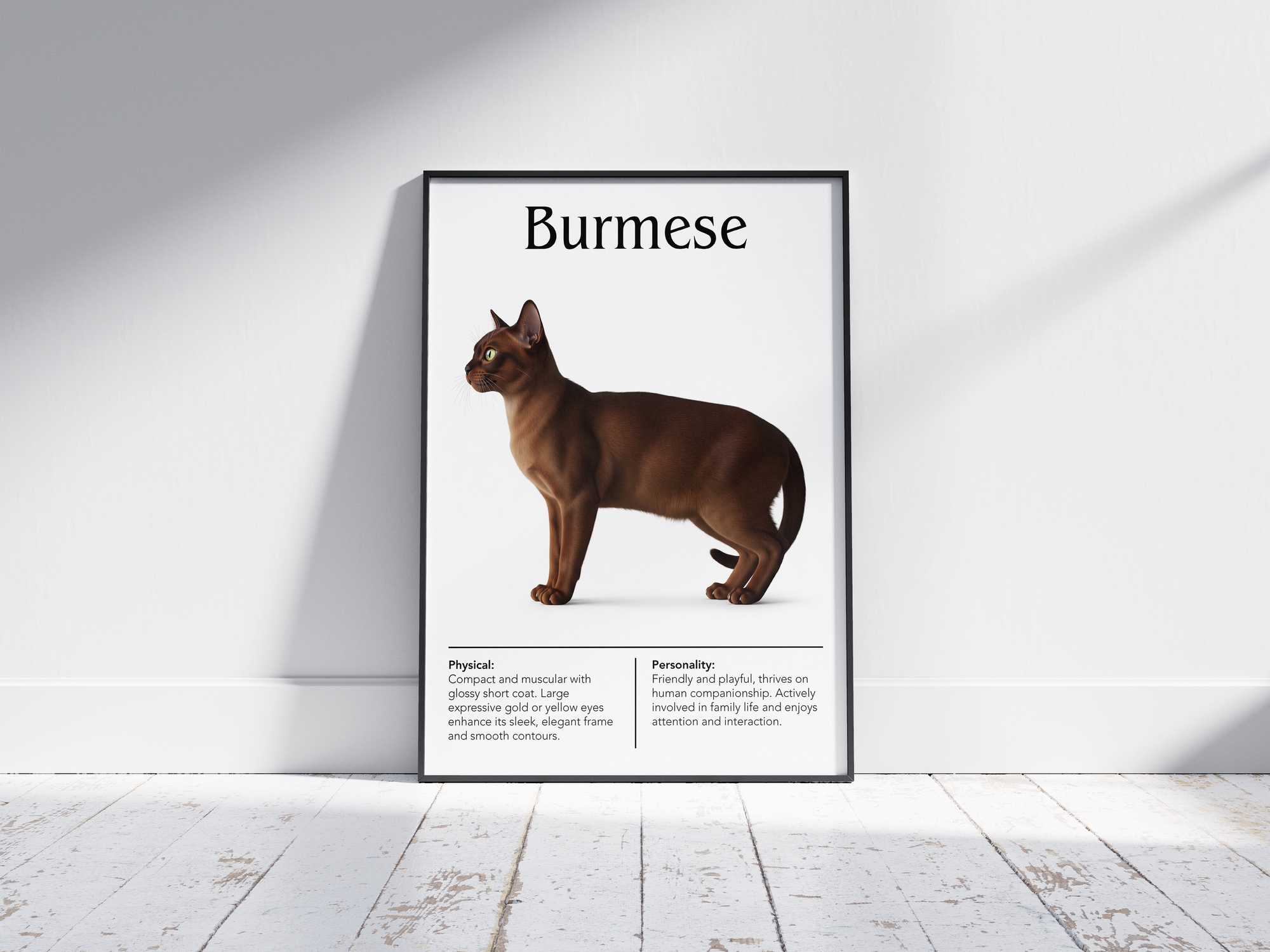 Charming Burmese cat breed poster featuring a detailed illustration of the cat with its sleek coat and expressive golden eyes, printed on semi-gloss sustainable paper. Perfect wall art for living rooms, studies, or modern interiors with a sophisticated and inviting aesthetic.