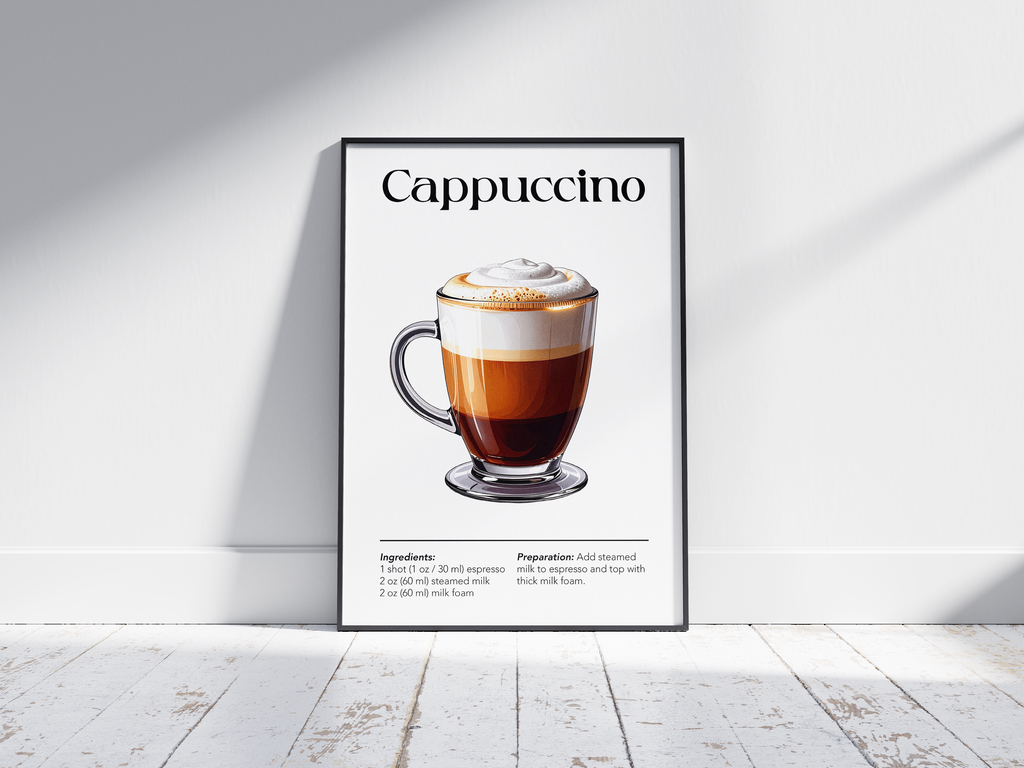 Minimalist cappuccino coffee art poster featuring a detailed illustration of a cappuccino glass with ingredients and recipe, printed on semi-gloss sustainable paper. Perfect wall art for kitchens, coffee bars, or modern interiors with a cozy and inviting aesthetic.