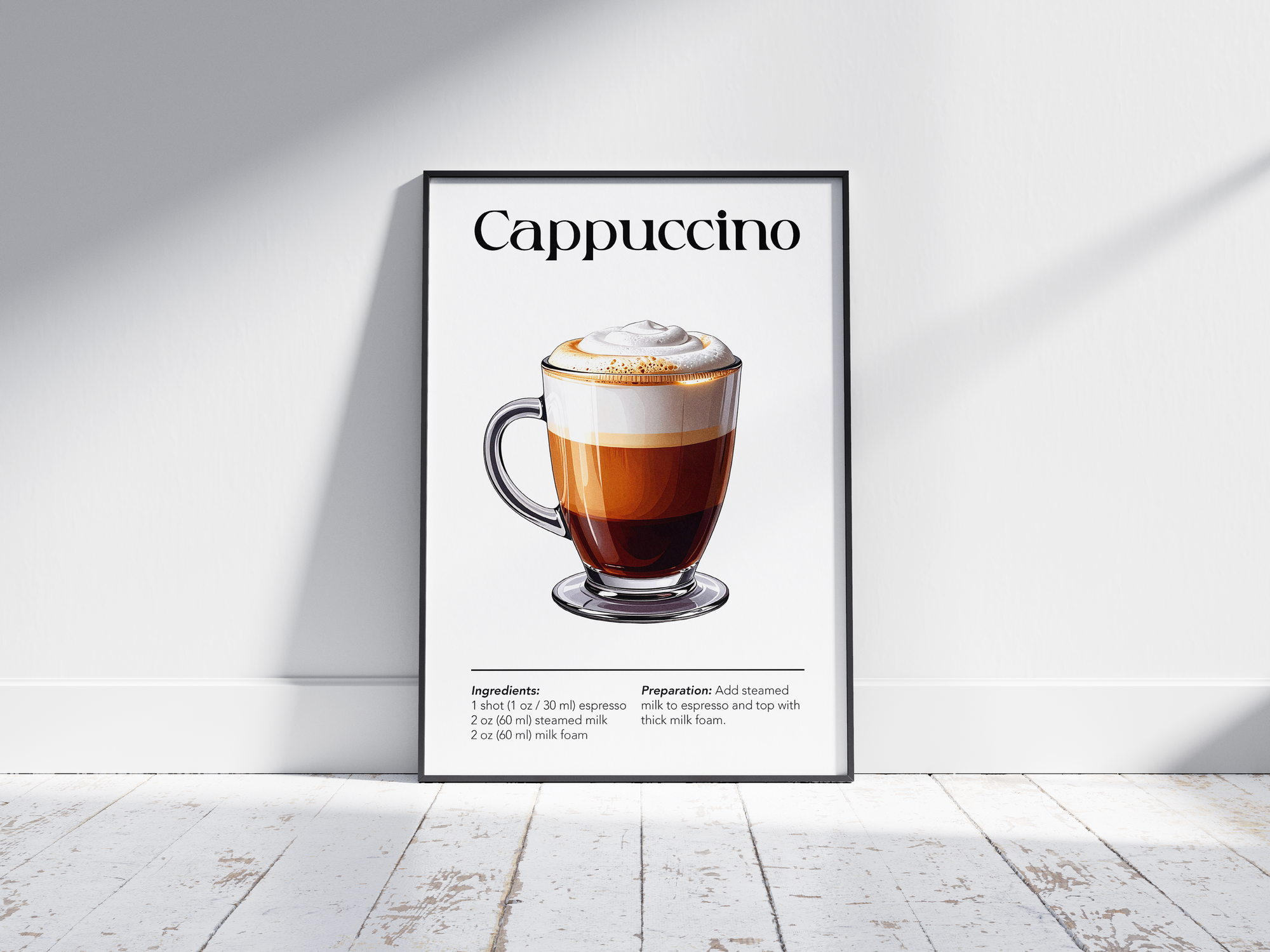 Minimalist cappuccino coffee art poster featuring a detailed illustration of a cappuccino glass with ingredients and recipe, printed on semi-gloss sustainable paper. Perfect wall art for kitchens, coffee bars, or modern interiors with a cozy and inviting aesthetic.