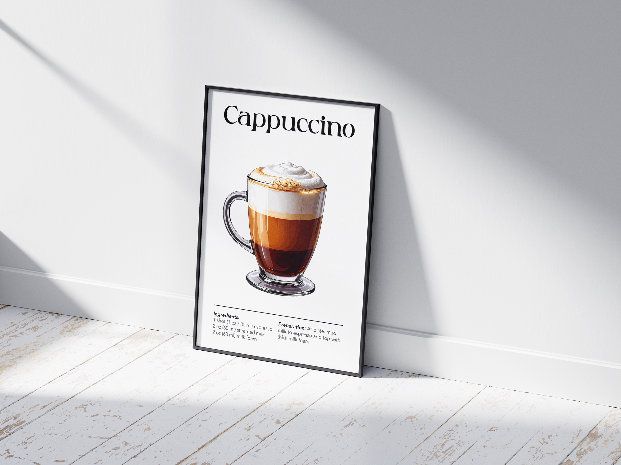 Minimalist cappuccino coffee art poster featuring a detailed illustration of a cappuccino glass with ingredients and recipe, printed on semi-gloss sustainable paper. Perfect wall art for kitchens, coffee bars, or modern interiors with a cozy and inviting aesthetic.