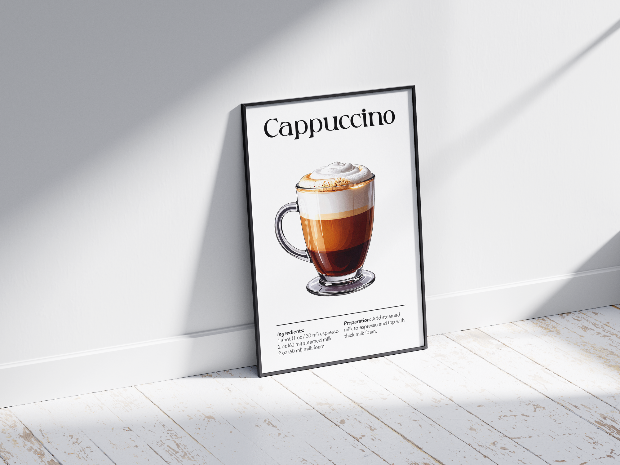 Minimalist cappuccino coffee art poster featuring a detailed illustration of a cappuccino glass with ingredients and recipe, printed on semi-gloss sustainable paper. Perfect wall art for kitchens, coffee bars, or modern interiors with a cozy and inviting aesthetic.