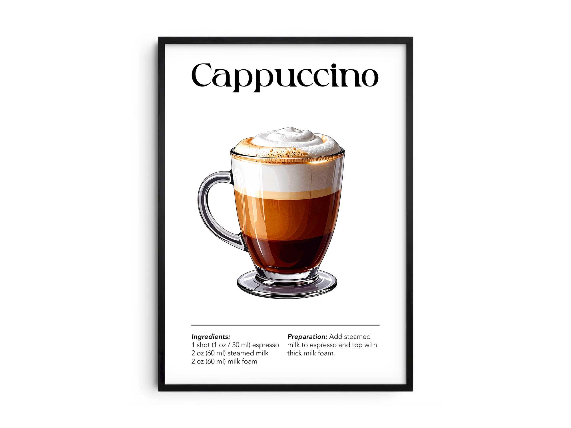 Minimalist cappuccino coffee art poster featuring a detailed illustration of a cappuccino glass with ingredients and recipe, printed on semi-gloss sustainable paper. Perfect wall art for kitchens, coffee bars, or modern interiors with a cozy and inviting aesthetic.