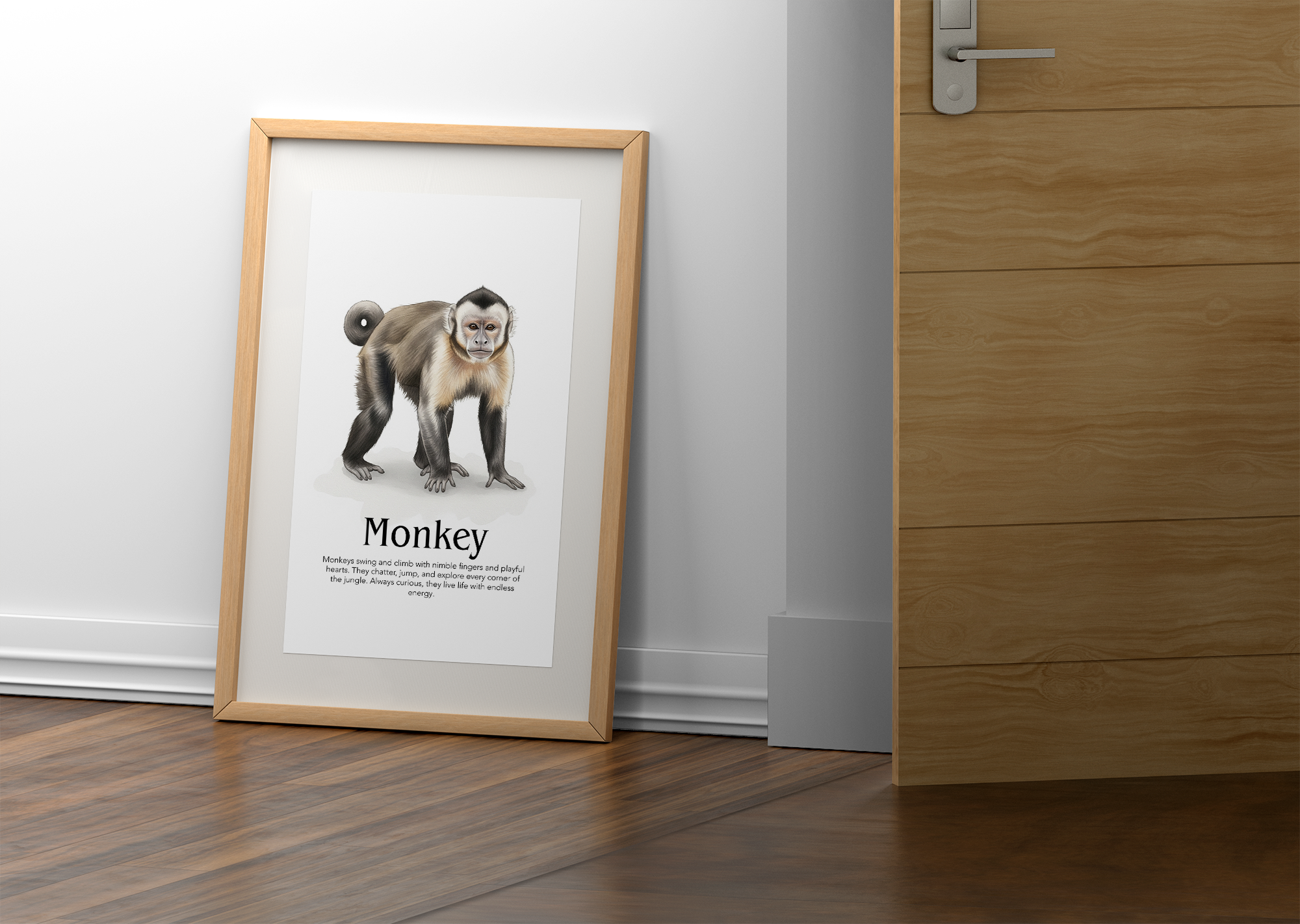 A large framed print of a realistic illustration of a Capuchin monkey, titled "Monkey" with descriptive text below, leaning against a white wall on a wooden floor in a hallway next to an ajar wooden door.