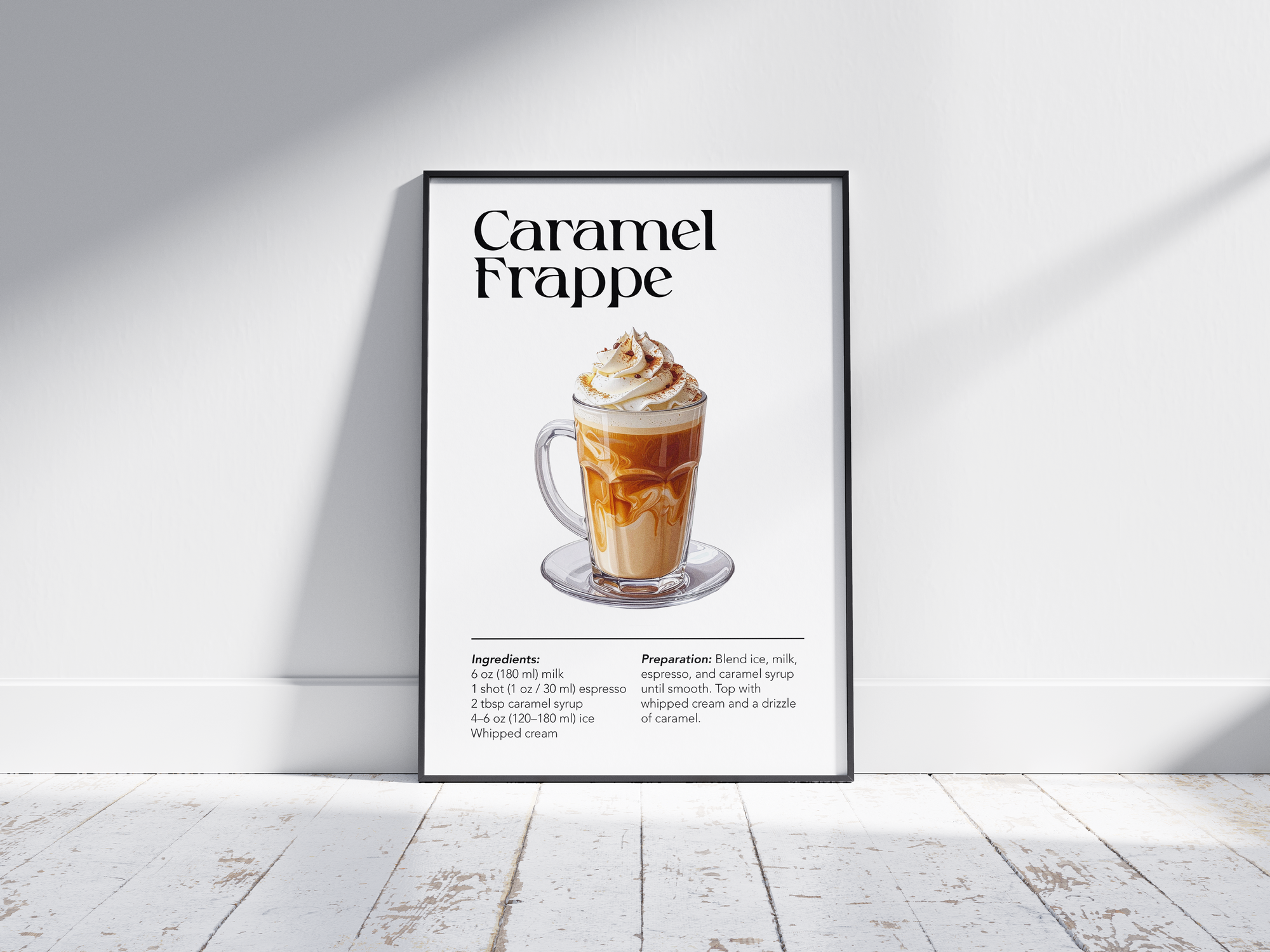 Minimalist caramel frappe coffee art poster featuring a detailed drink illustration with a recipe, printed on semi-gloss sustainable paper. Perfect wall art for kitchens, coffee bars, or modern interiors with a warm and inviting aesthetic.