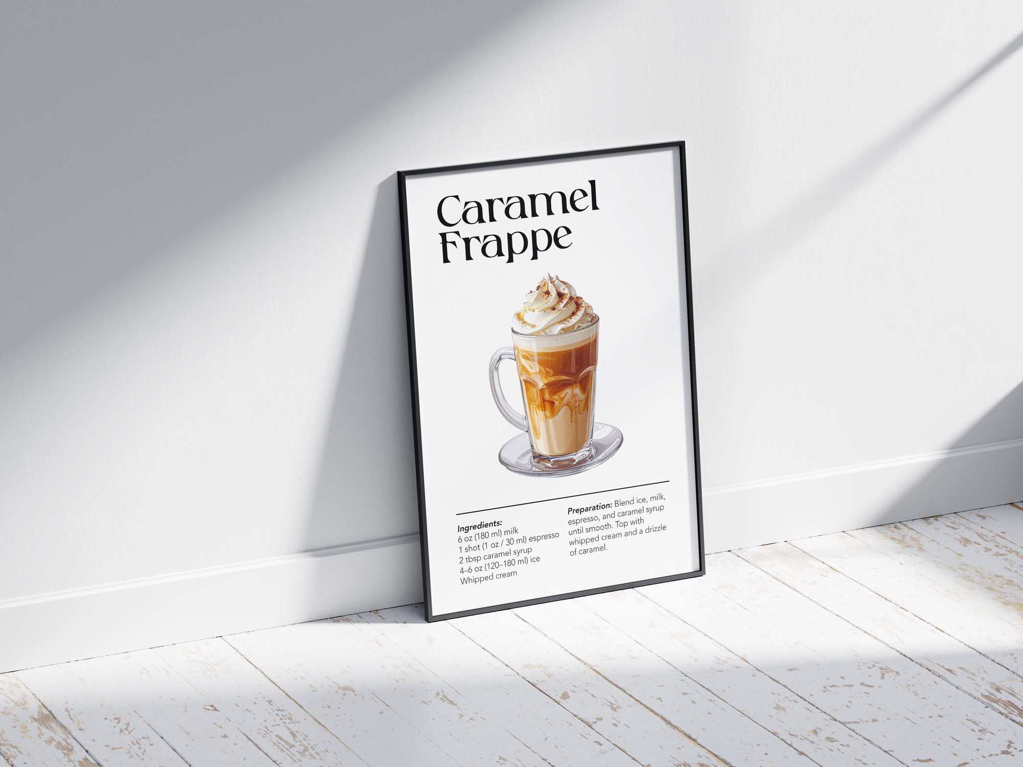 Minimalist caramel frappe coffee art poster featuring a detailed drink illustration with a recipe, printed on semi-gloss sustainable paper. Perfect wall art for kitchens, coffee bars, or modern interiors with a warm and inviting aesthetic.