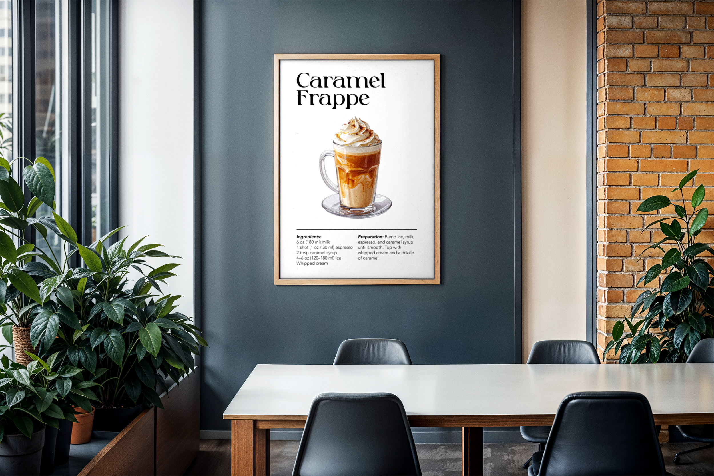 Wooden framed poster featuring an illustration of a Caramel Frappe with ingredients and preparation instructions, hanging above a white conference table in a modern office or dining area.