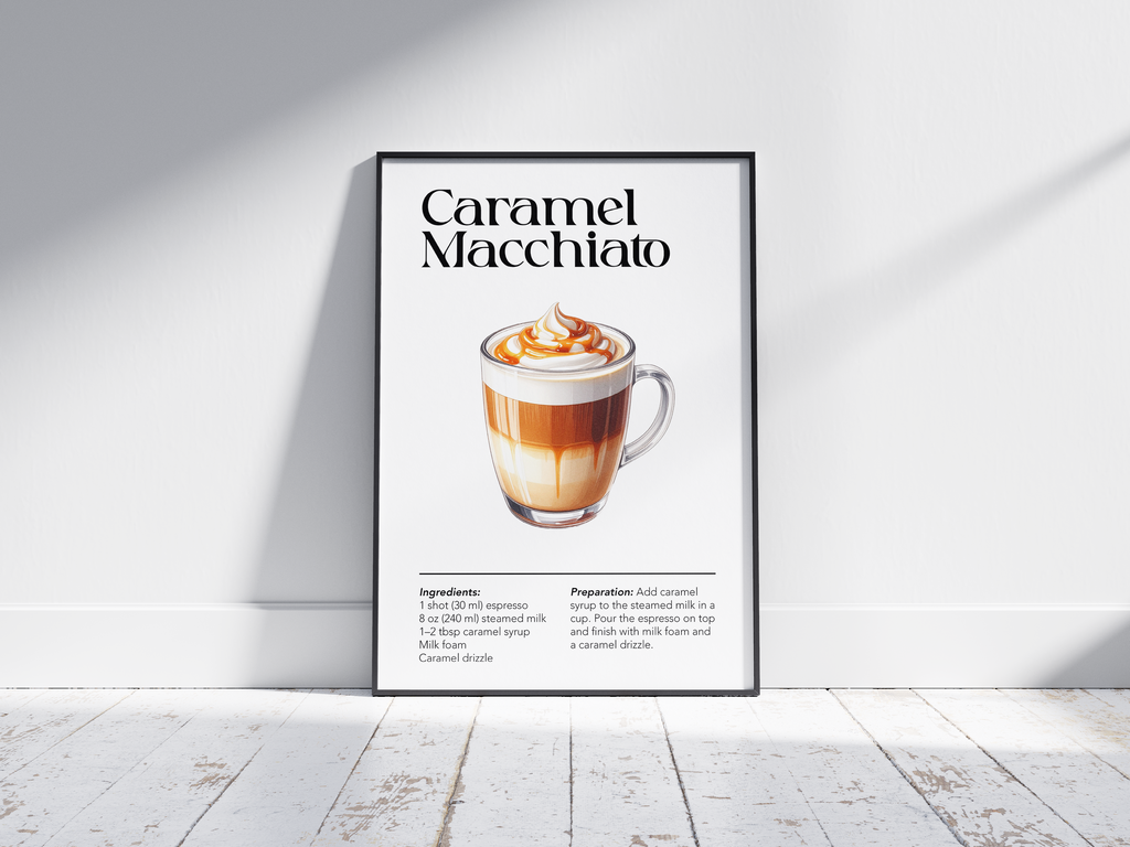 Minimalist caramel macchiato coffee art poster featuring a detailed drink illustration with a recipe, printed on semi-gloss sustainable paper. Perfect wall art for kitchens, coffee bars, or modern interiors with a warm and inviting aesthetic.