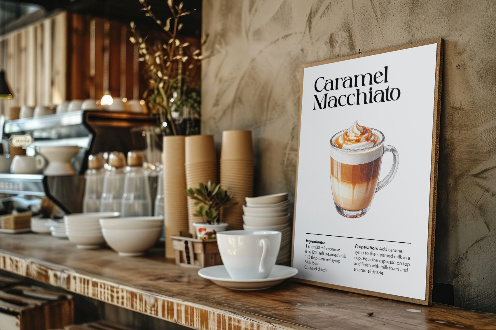 Framed poster featuring an illustration of a Caramel Macchiato with ingredients and preparation instructions, leaning against a textured wall on a wooden counter in a cozy cafe setting.