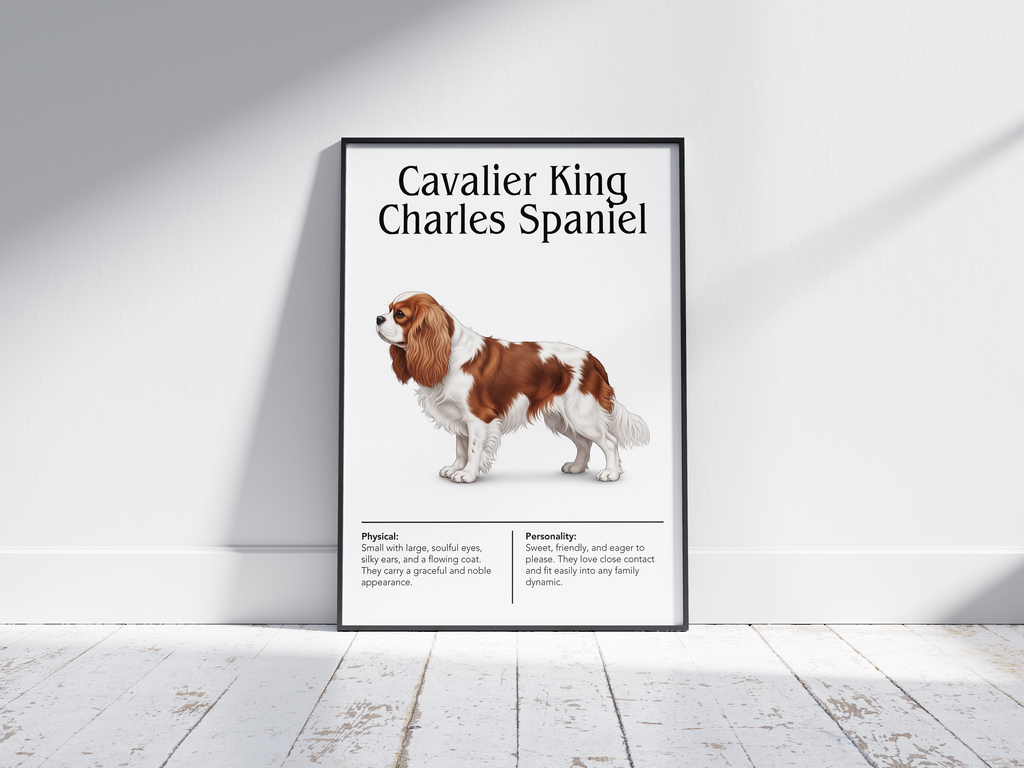 Detailed Cavalier King Charles Spaniel dog breed poster showcasing its charming features and gentle, loving personality traits, printed on semi-gloss sustainable paper. Perfect wall art for living rooms, bedrooms, or modern interiors with a graceful and affectionate aesthetic.