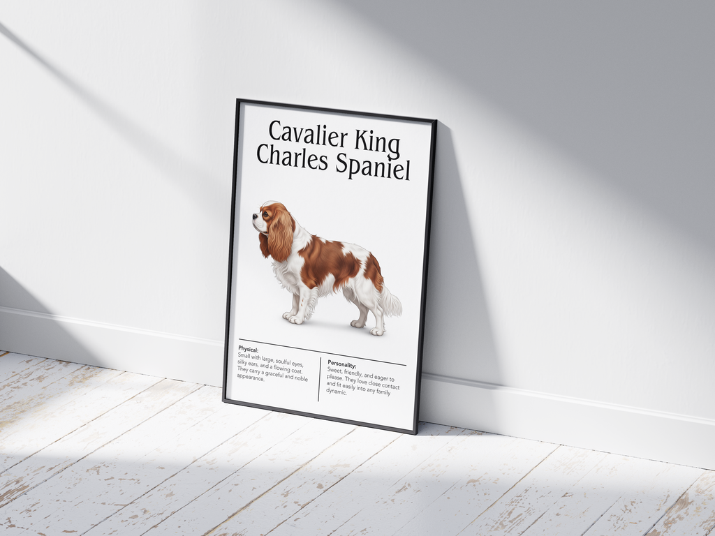 Detailed Cavalier King Charles Spaniel dog breed poster showcasing its charming features and gentle, loving personality traits, printed on semi-gloss sustainable paper. Perfect wall art for living rooms, bedrooms, or modern interiors with a graceful and affectionate aesthetic.