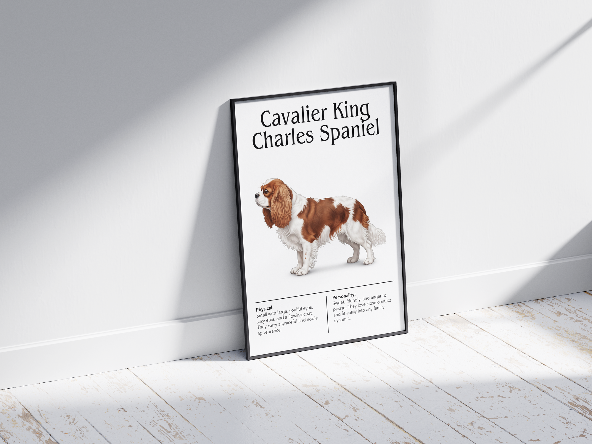 Detailed Cavalier King Charles Spaniel dog breed poster showcasing its charming features and gentle, loving personality traits, printed on semi-gloss sustainable paper. Perfect wall art for living rooms, bedrooms, or modern interiors with a graceful and affectionate aesthetic.